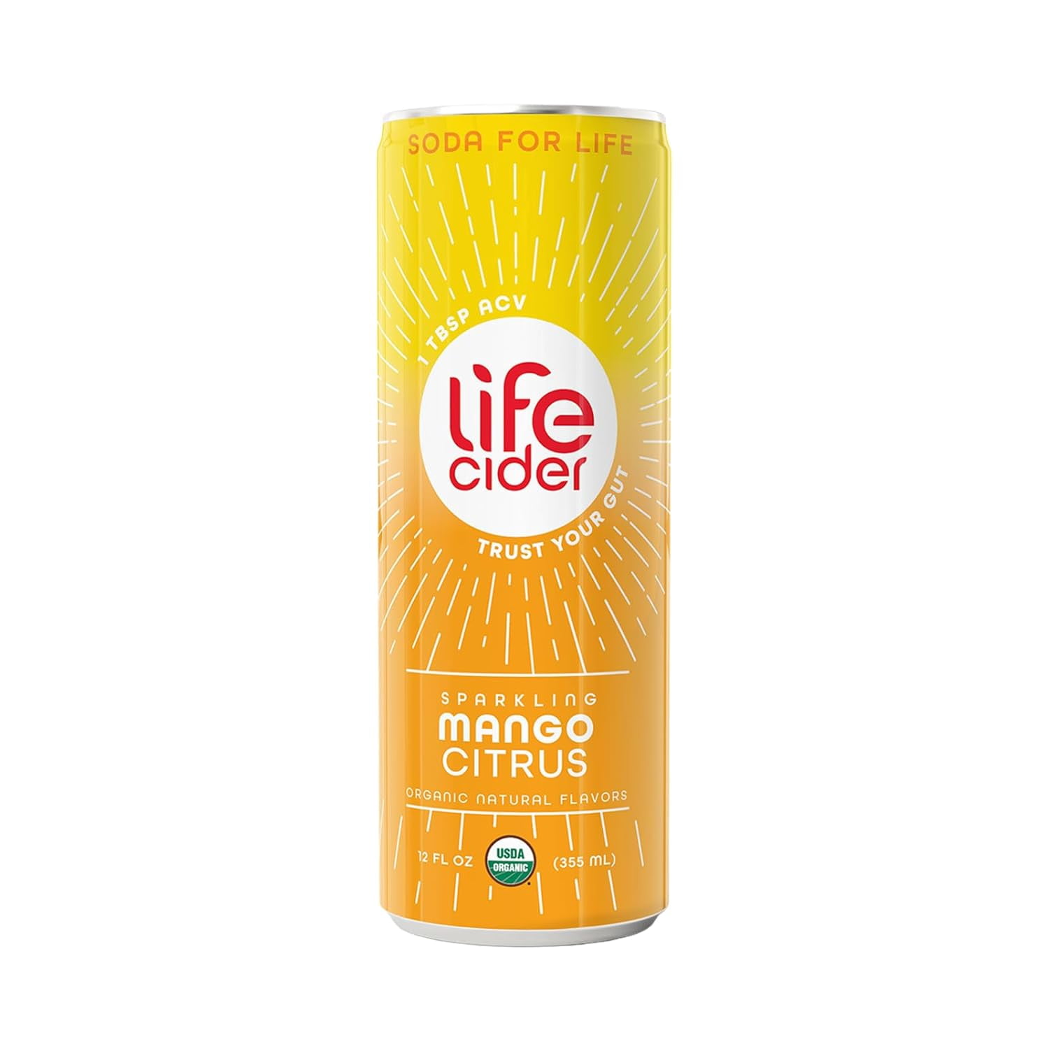 Life Cider Sparkling Apple Cider Vinegar Healthy Soda, Mango Citrus, Gut Balance, 12 fl oz Aluminum Can