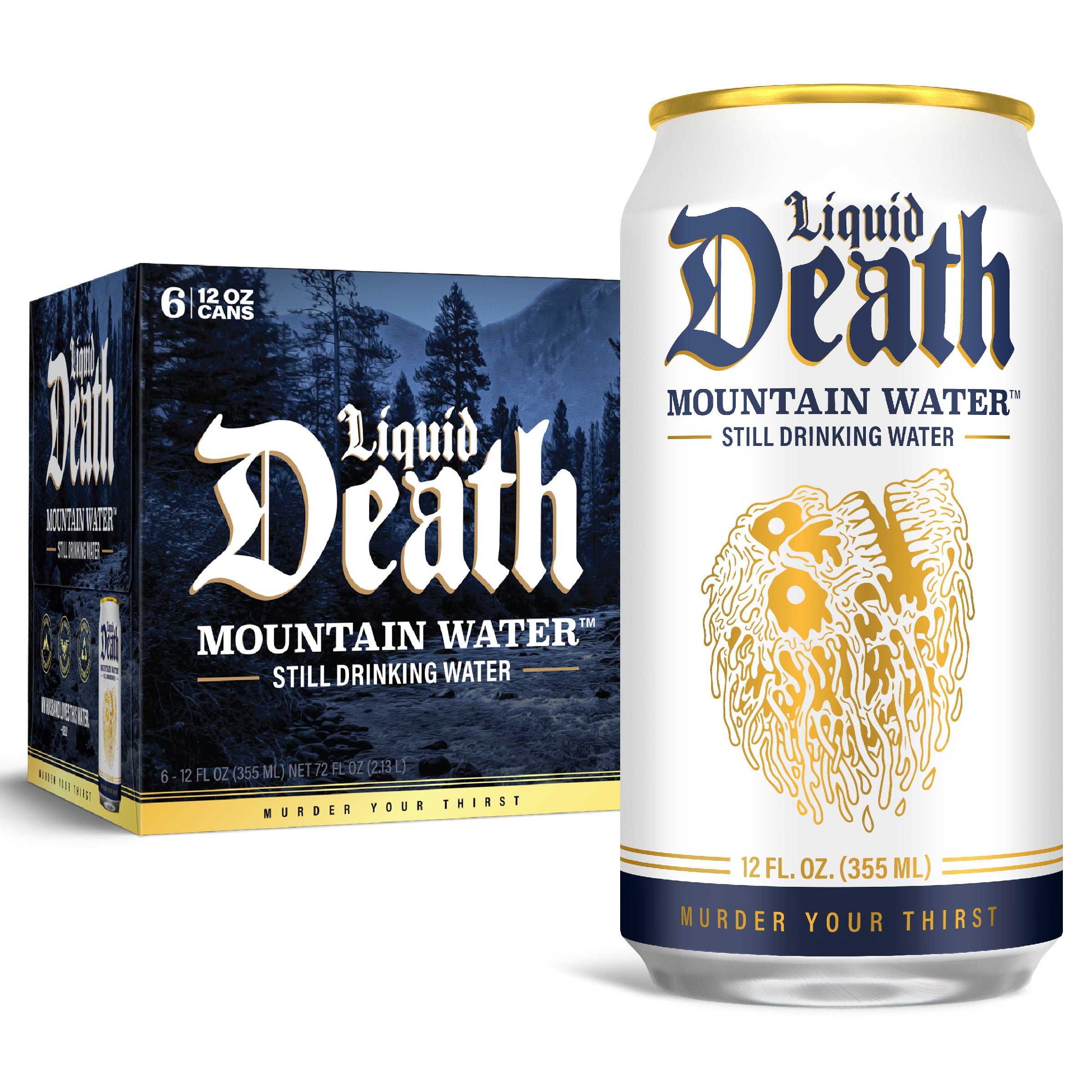 Liquid Death, Still Mountain Water, 6-Pack (12oz Cans), Natural Mountain Source, Infinitely Recyclable Ice-Cold Cans