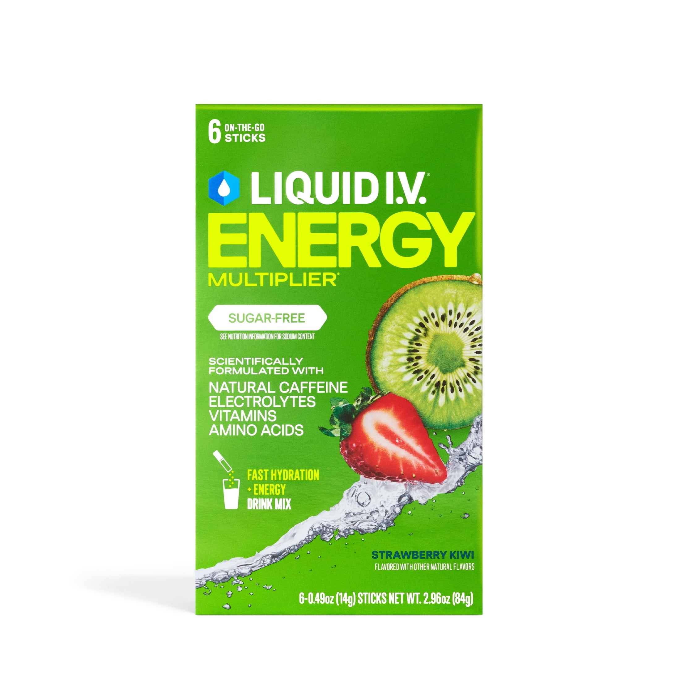 Liquid I.V. Strawberry Kiwi Sugar-Free Hydration Multiplier +Energy Powdered Electrolyte Drink Mix, 6 Count Packets