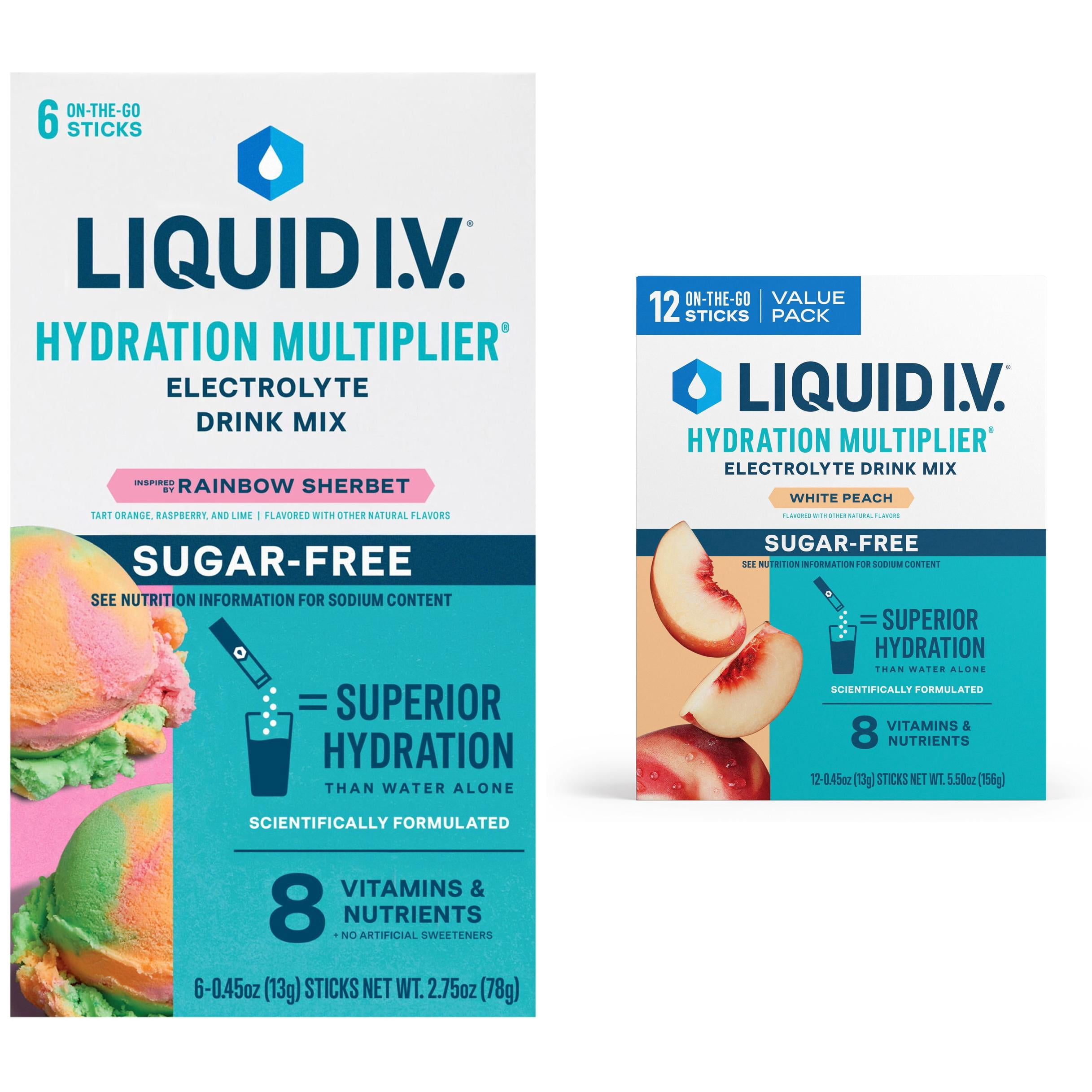 Liquid I.V. White Peach + Rainbow Sherbet Sugar Free Hydration Multiplier Combo Pack, 18 Count + 6 Count Packets, 2 Pack