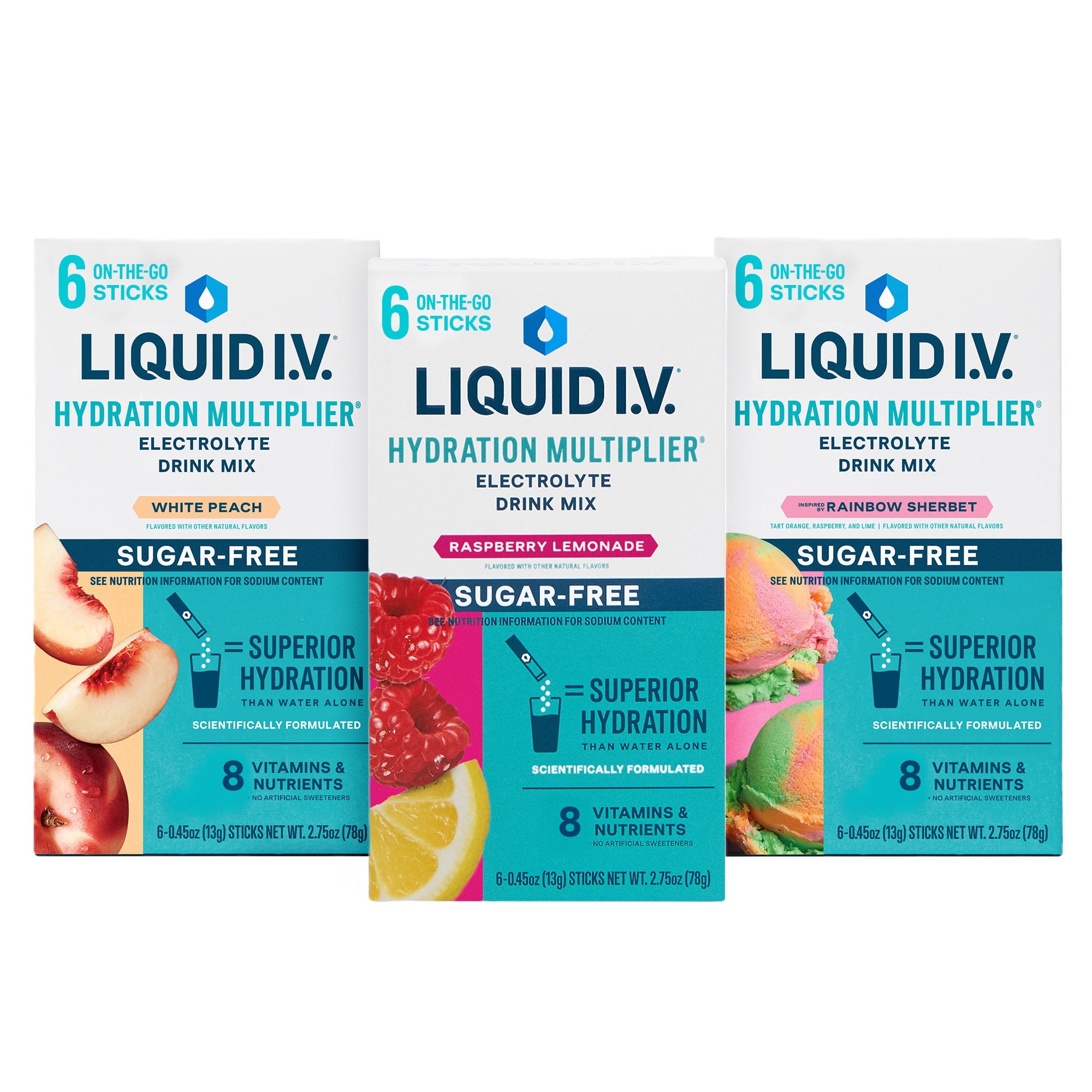 Liquid I.V. Sugar-Free Hydration Multiplier Summer Variety Pack, White Peach, Raspberry Lemonade, Rainbow Sherbet, 6 count packets, 3 pack