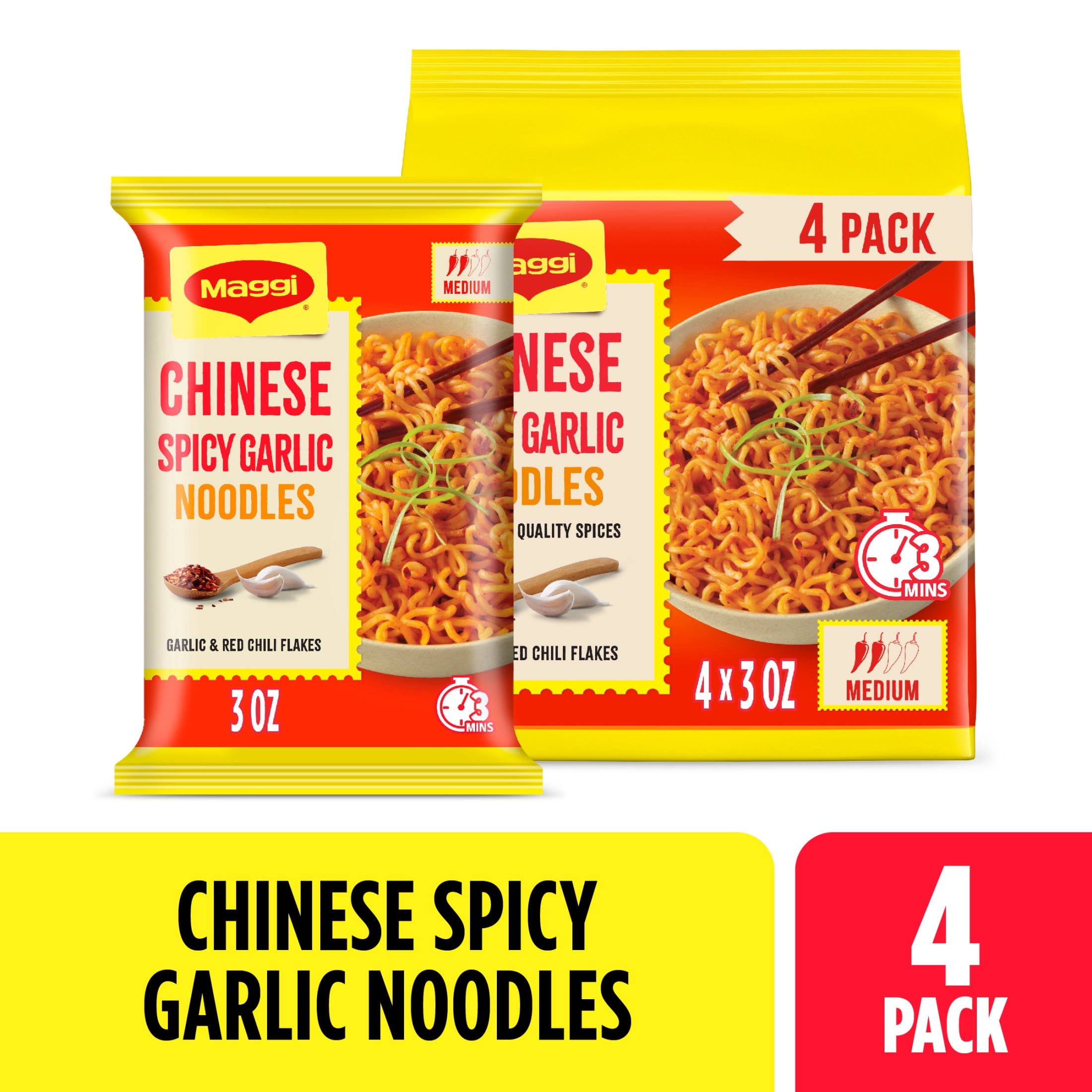 Maggi Chinese Spicy Garlic Noodles, Instant Noodles, 3 min, Medium Spicy, 4PK 12.2 oz