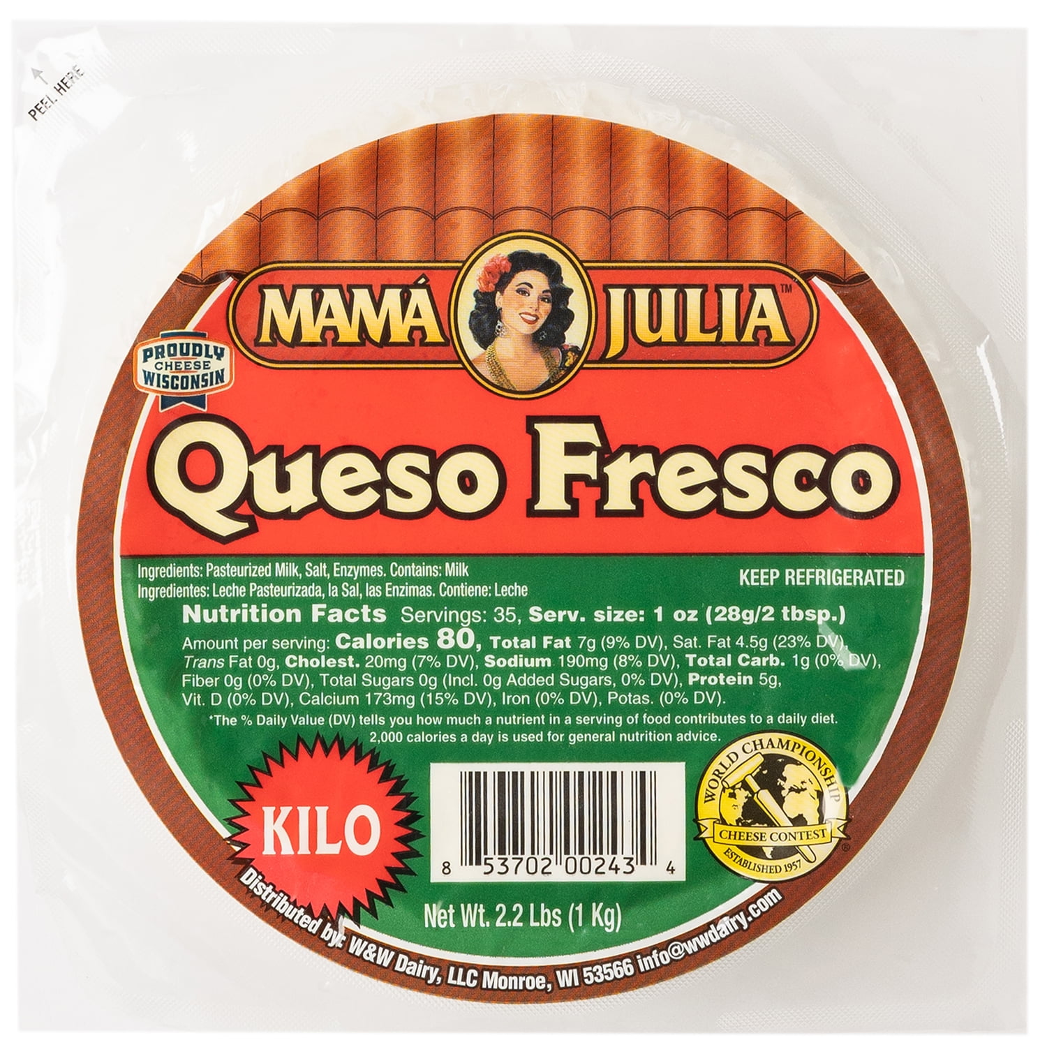 Mama Julia Queso Fresco Cheese, 35.2 oz (Kilo), Refrigerated, Wrapper