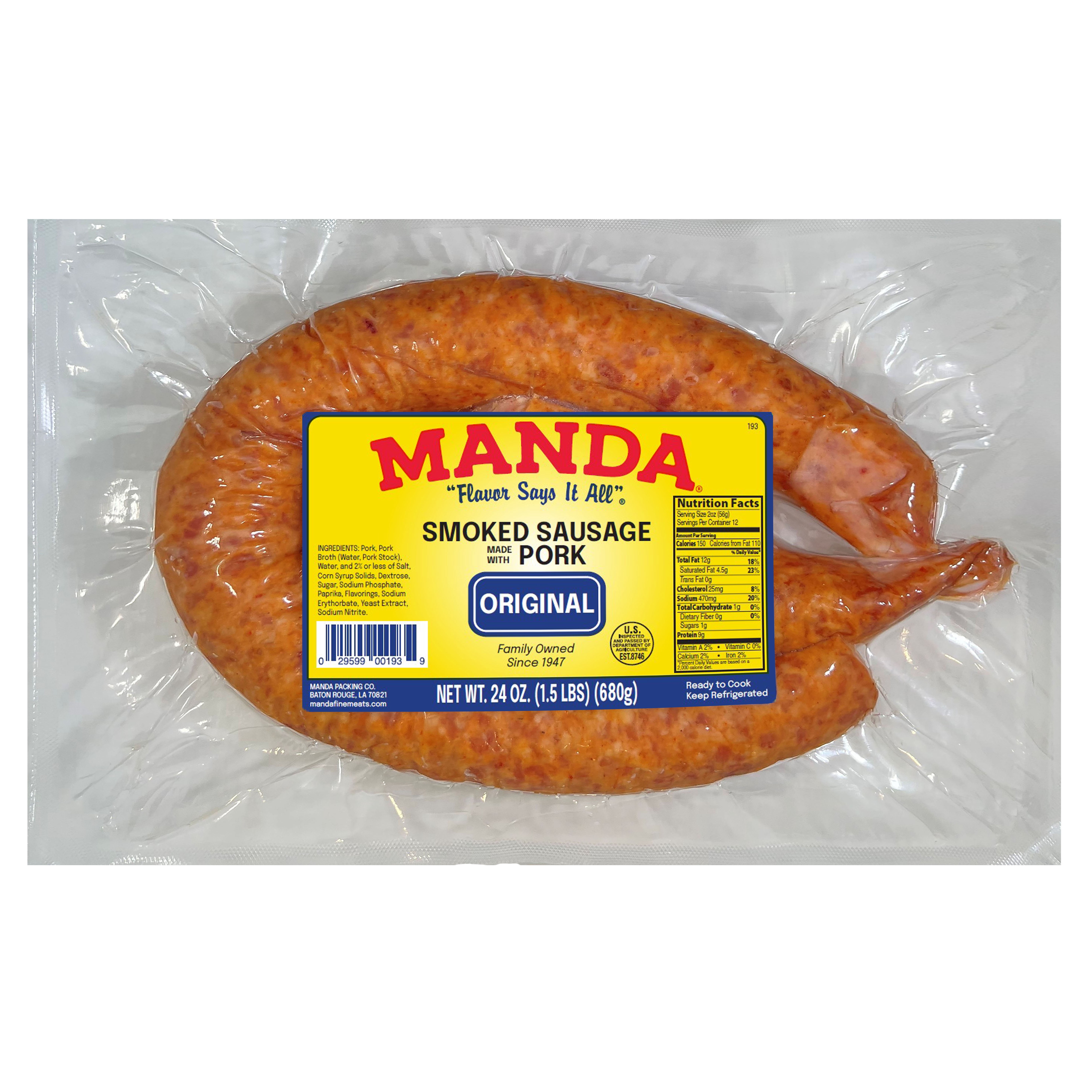 Manda Mild Smoked Pork Sausage, 24 oz