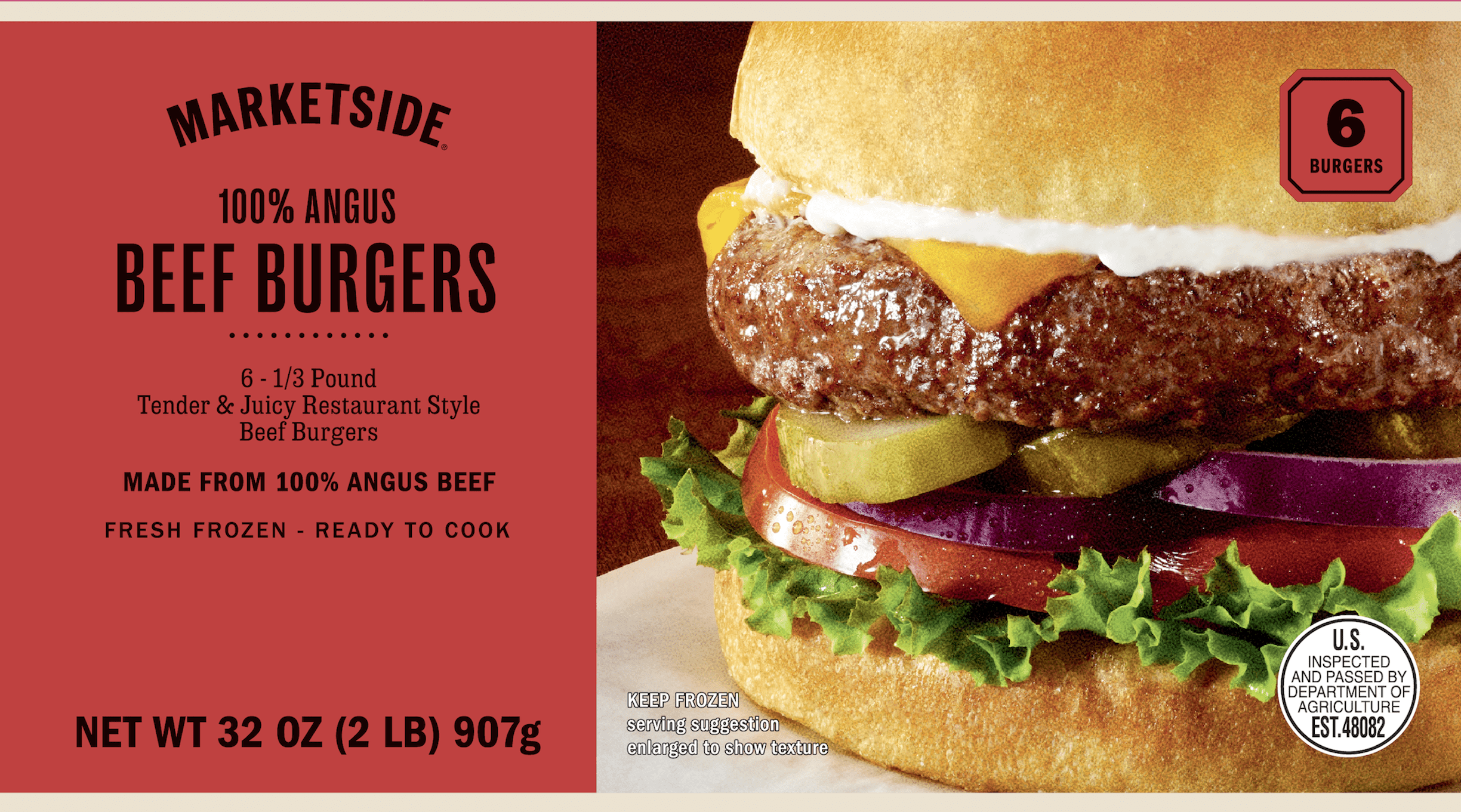 Marketside 100% Angus Beef Burgers, 6 Count, 2 lb (Frozen)