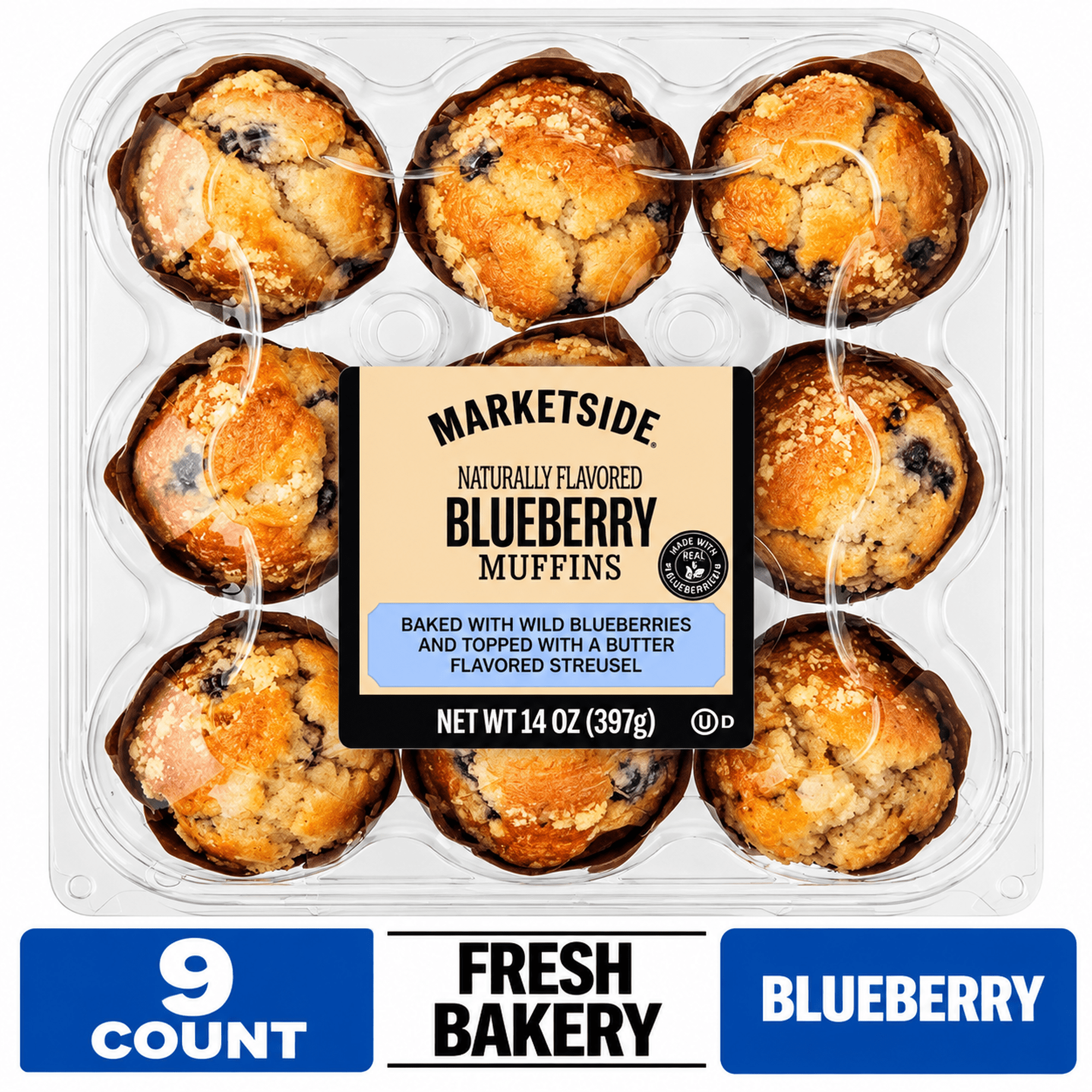 Marketside Baked Blueberry Muffins, 14 oz, 9 Count (Shelf Stable)