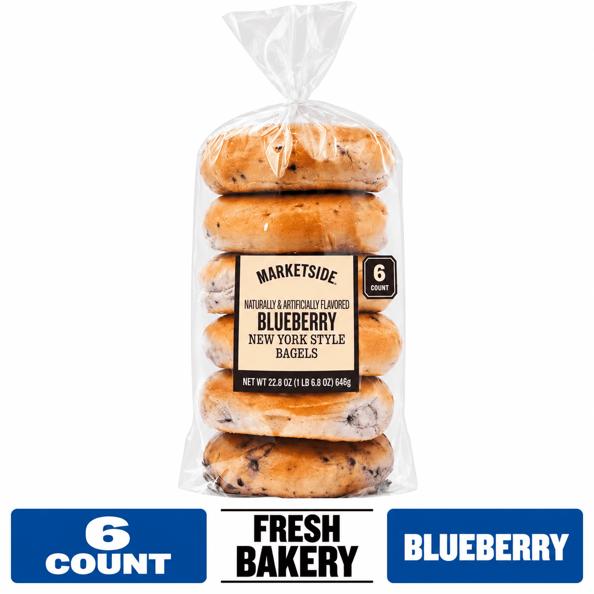Marketside Fresh Blueberry Bagels, 22.8 oz, 6 Count