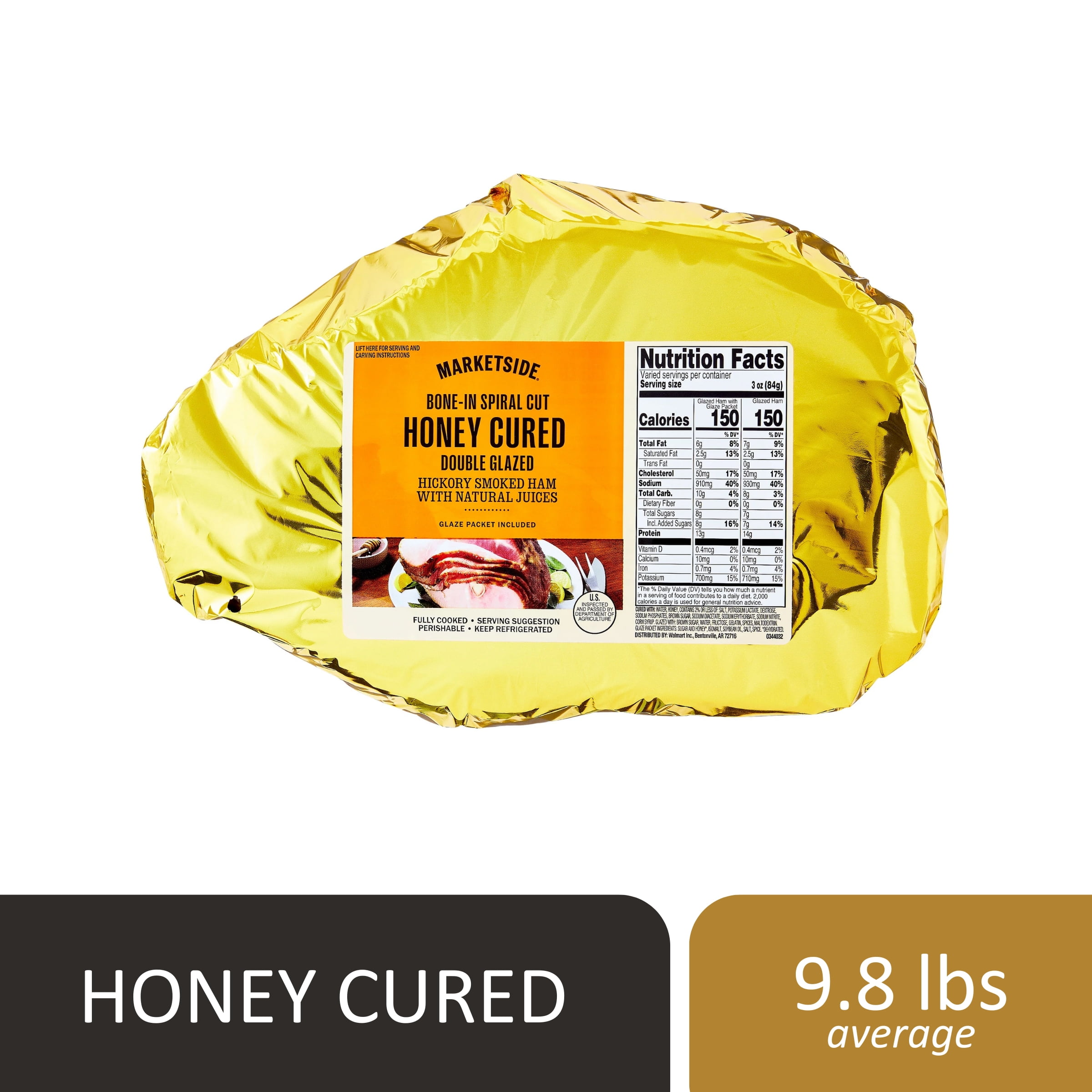Marketside Natural Juice Bone-In Spiral Cut Honey Cured Double Glaze Ham, 8 - 12 lb, 14g of protein per serving