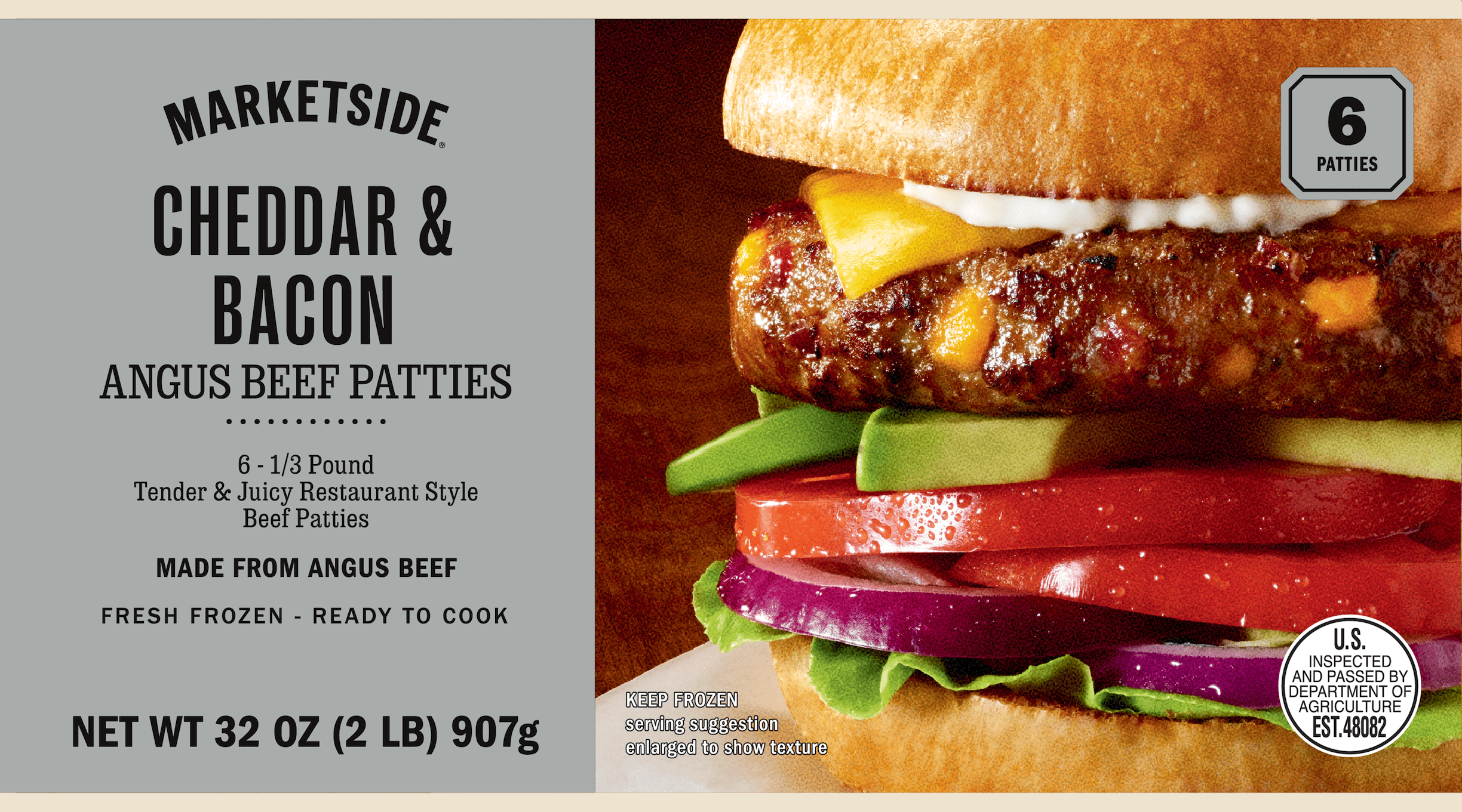 Marketside Cheddar & Bacon Angus Beef 1/3 lb Patties, 2 lb, 6 Count (Frozen)