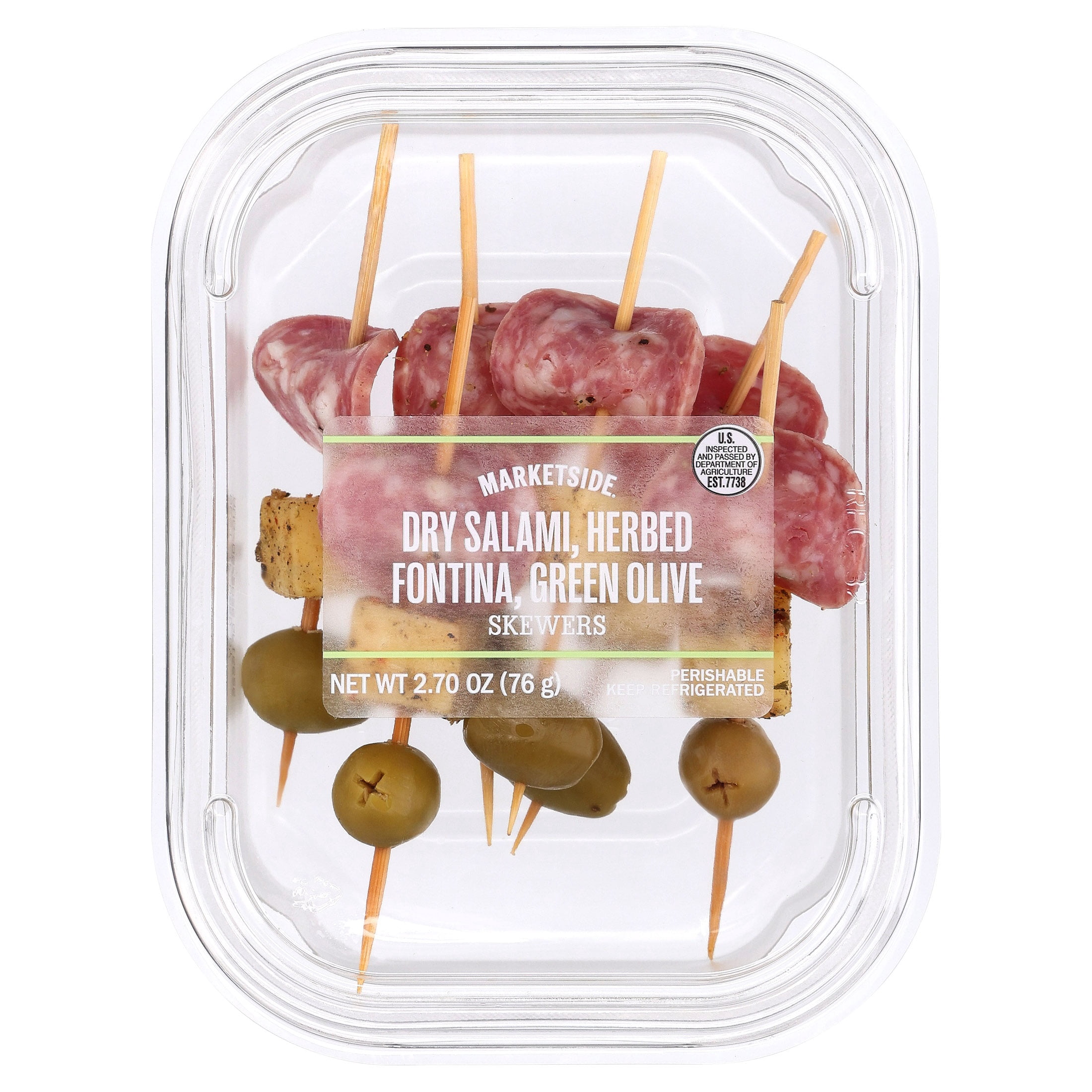 Marketside Dry Salami, Herbed Fontina, Green Olive Skewers, 2.70 oz, 6 Count