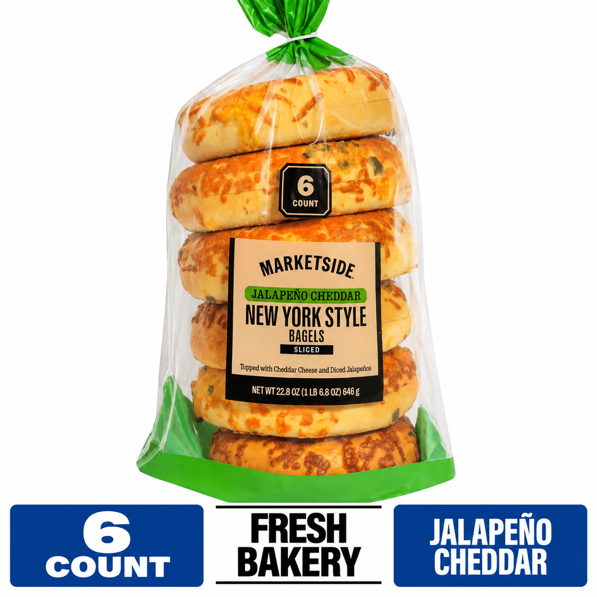 Marketside Fresh Pre-Sliced Jalapeno Cheddar Bagels, New York Style, 22.8oz, 6 Count