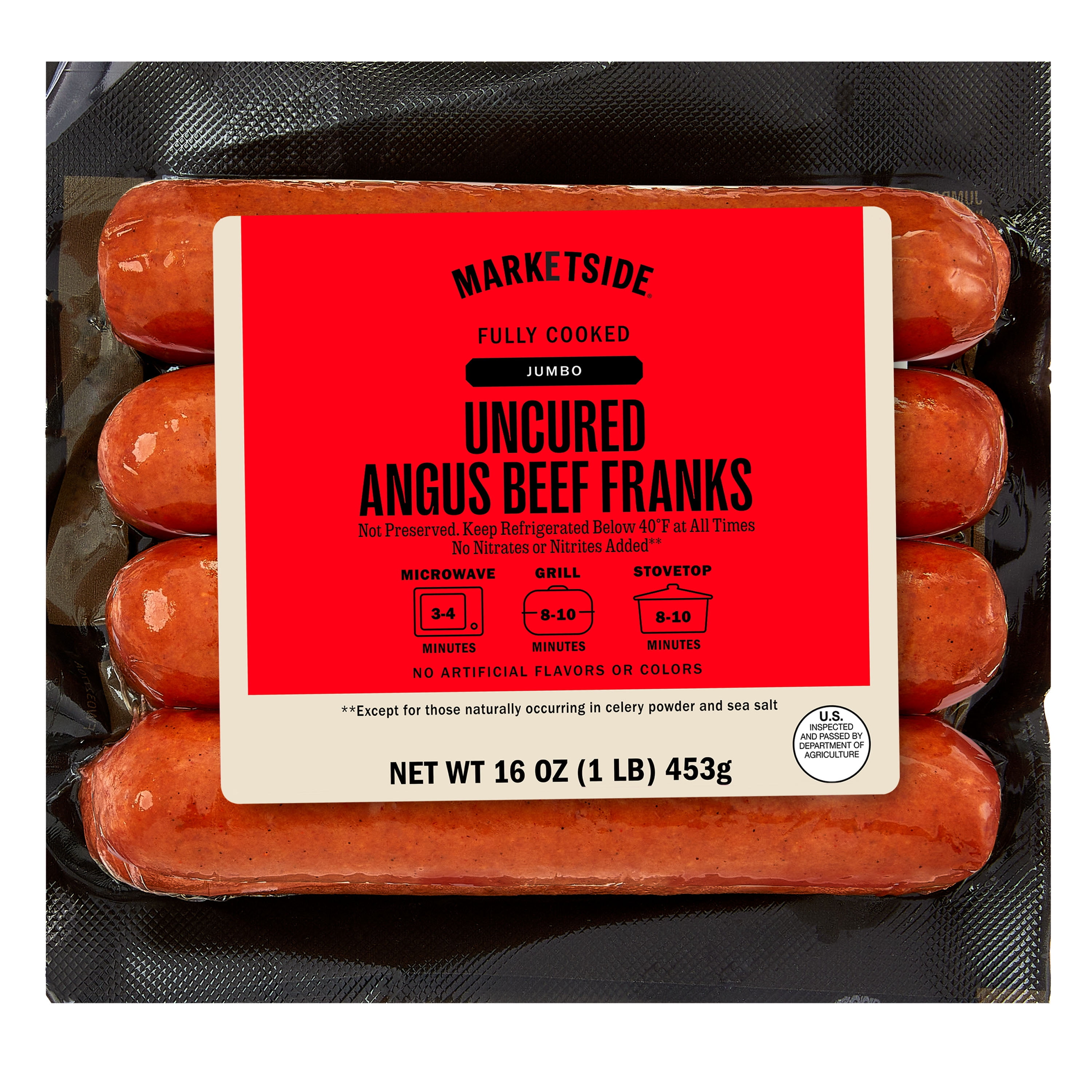 Marketside Fully Cooked Jumbo Uncured Angus Beef Frank 4 Count, 16oz (Refrigerated), Vac Packed Film