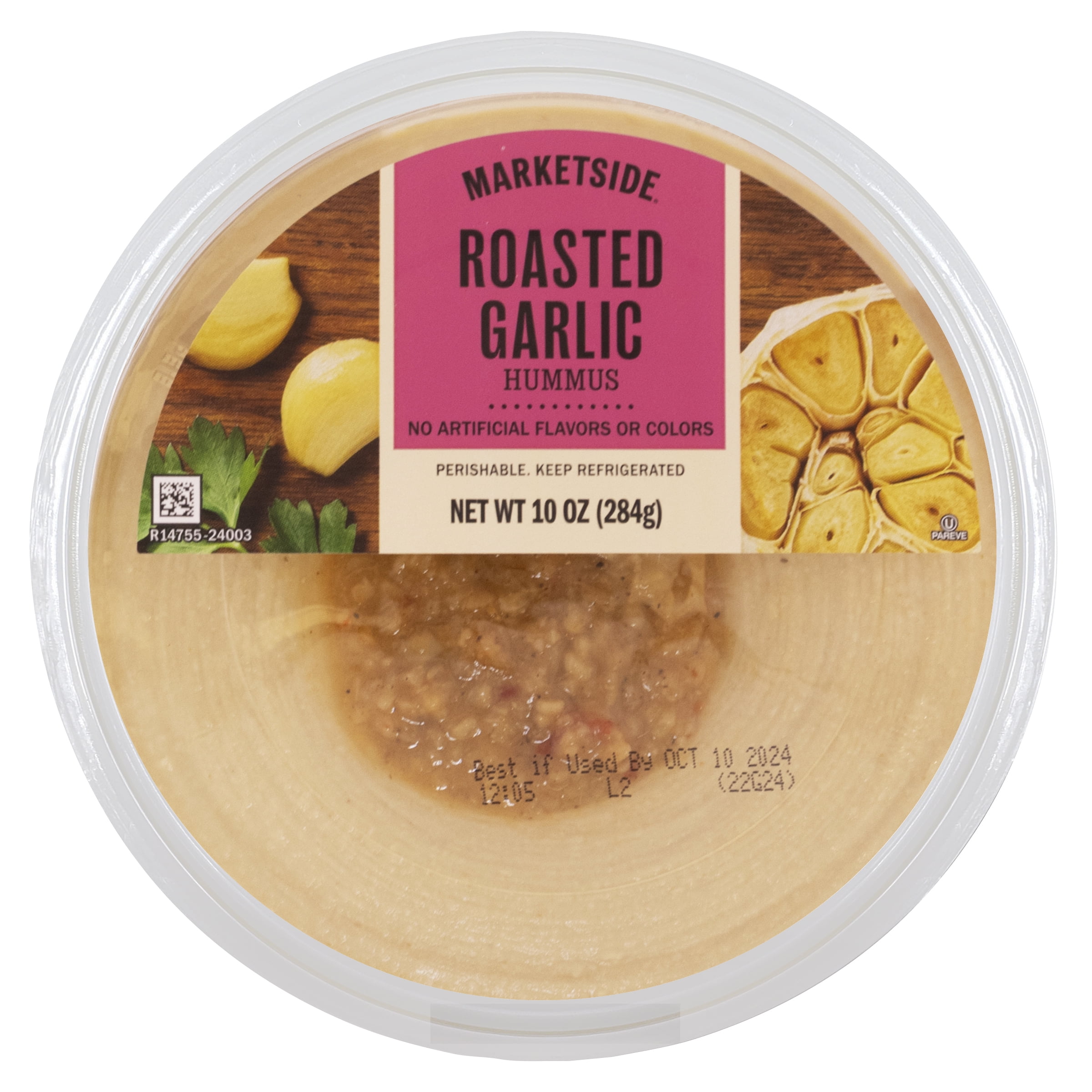 Marketside Gluten-Free Roasted Garlic Hummus 10 oz, Ready to Eat, Resealable Cup, 2 Tbsp. (28g) Serving