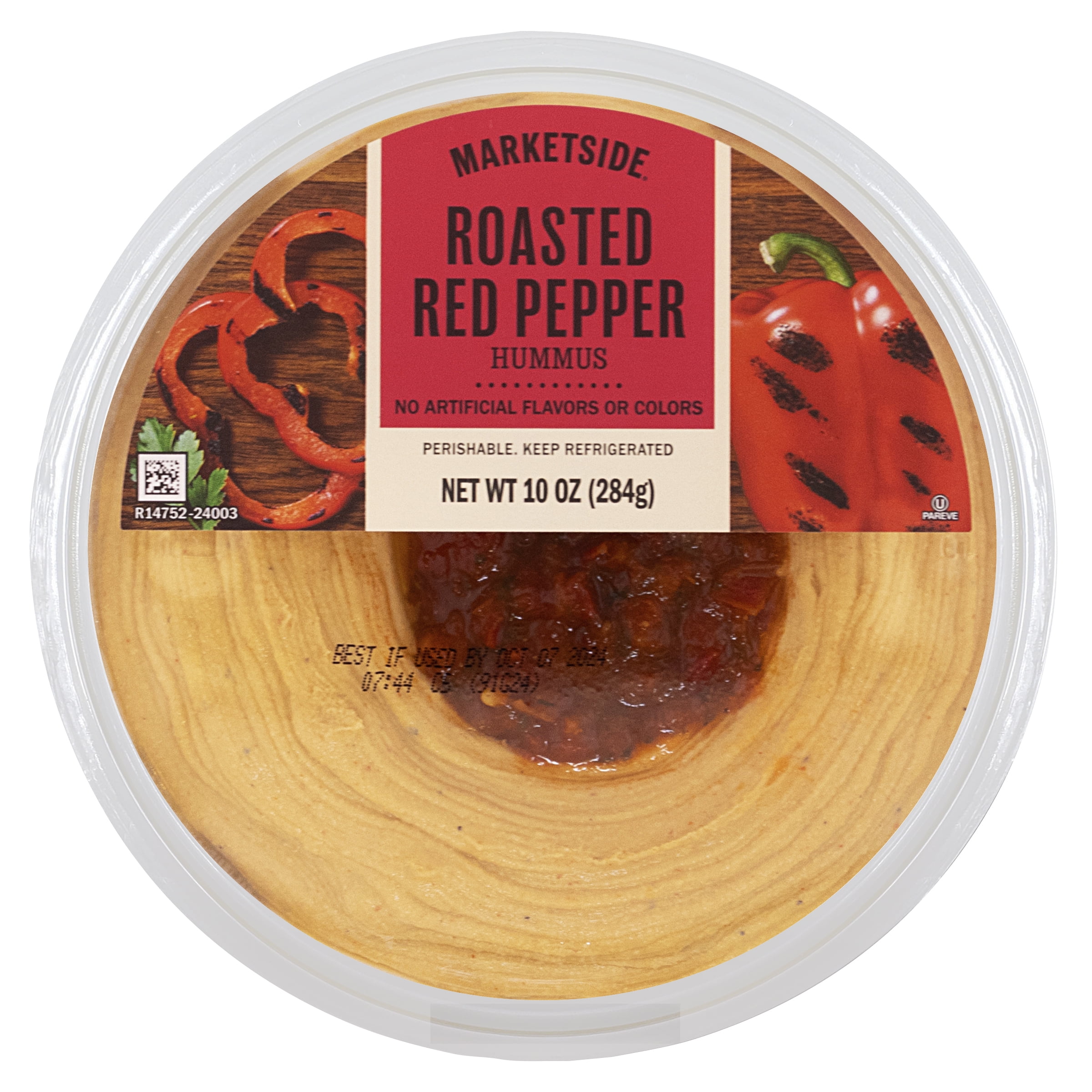 Marketside Gluten-Free Roasted Red Pepper Hummus 10 oz, Ready to Eat, Resealable Cup, 2 Tbsp. (28g)