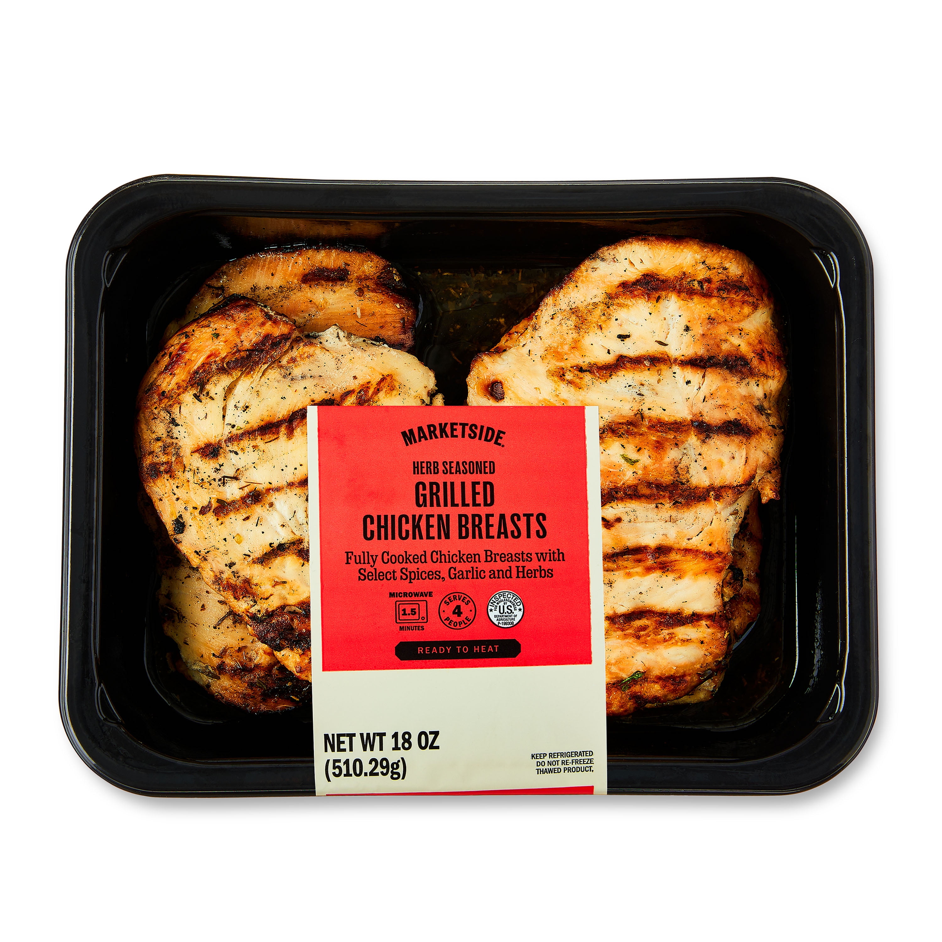 Marketside Herb Seasoned Grilled Chicken Breasts, Refrigerated, 4 Pieces, 18 oz