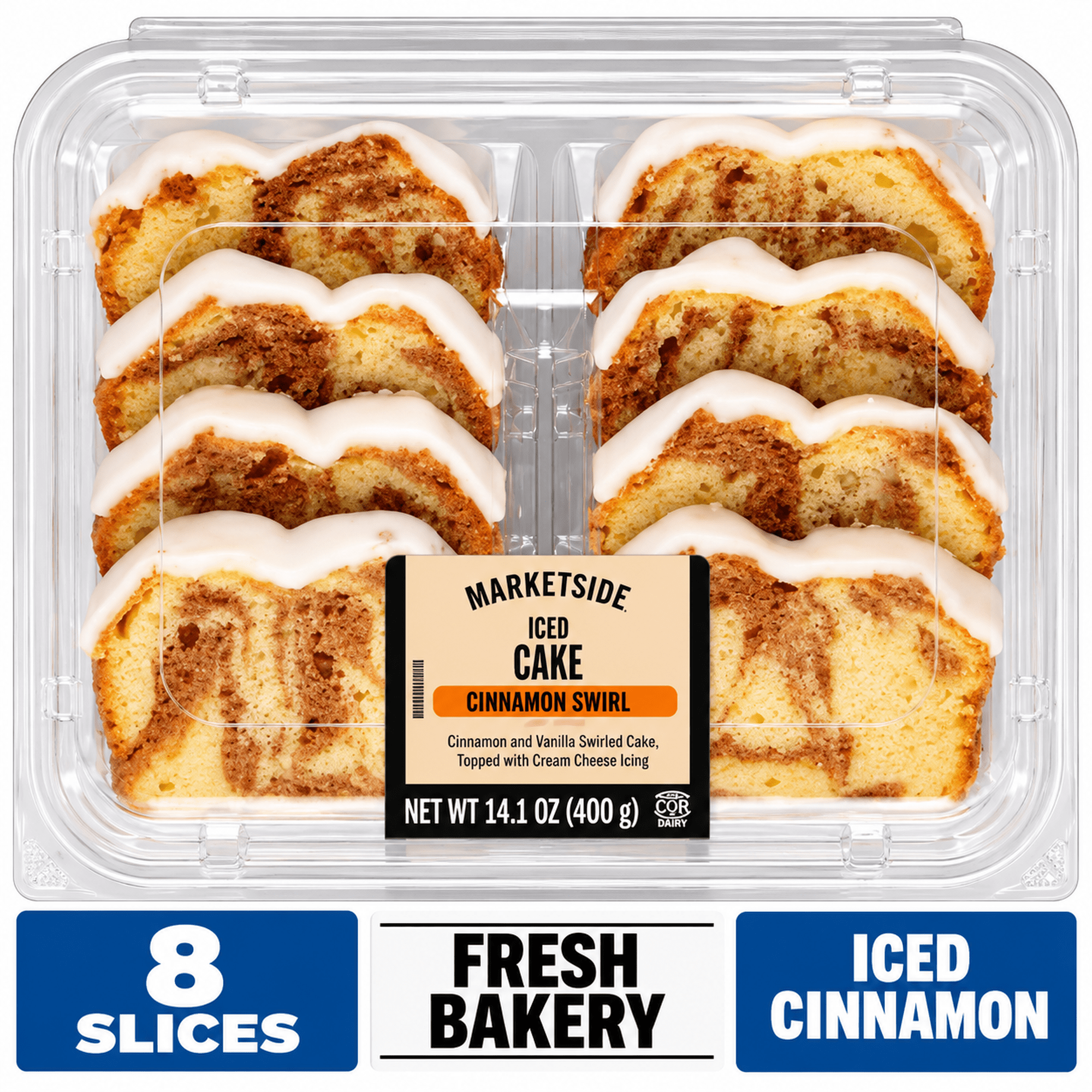 Marketside Iced Cinnamon & Vanilla Cake, Sliced, 14.1 oz, 8 Count, Shelf-Stable