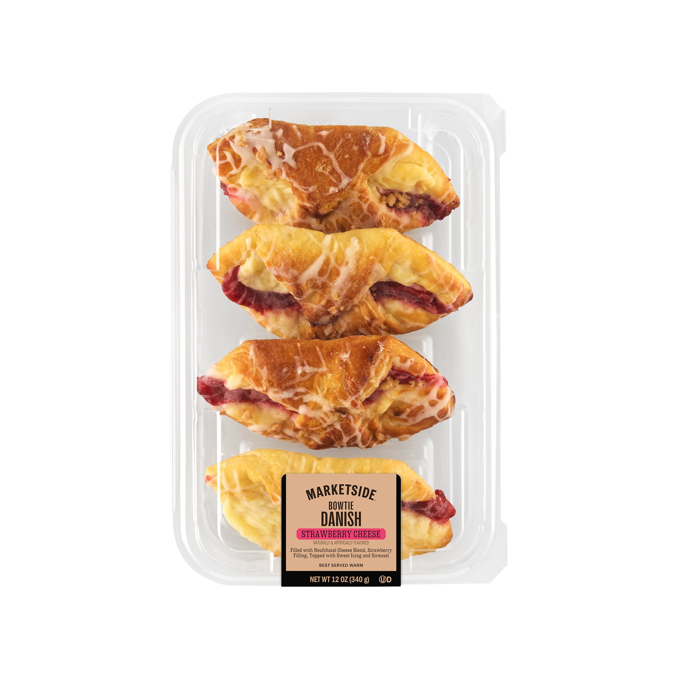 Marketside Strawberry Cheese Bowtie Danish, 12 oz Clamshell, 4 Count (Shelf Stable)