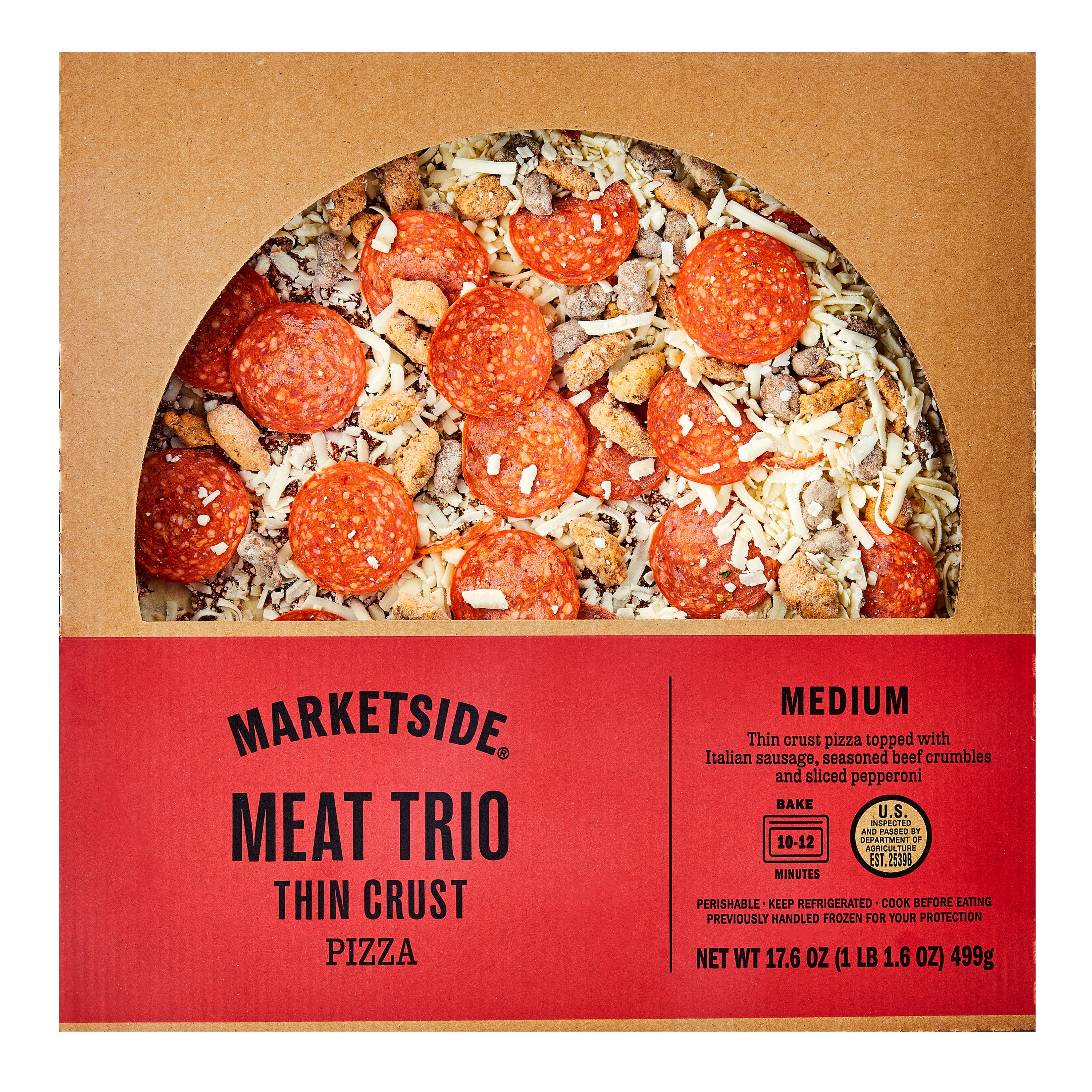 Marketside 12-inch Meat Trio Pizza, Thin Crust, Marinara Sauce, Medium, 17.6 oz (Fresh)
