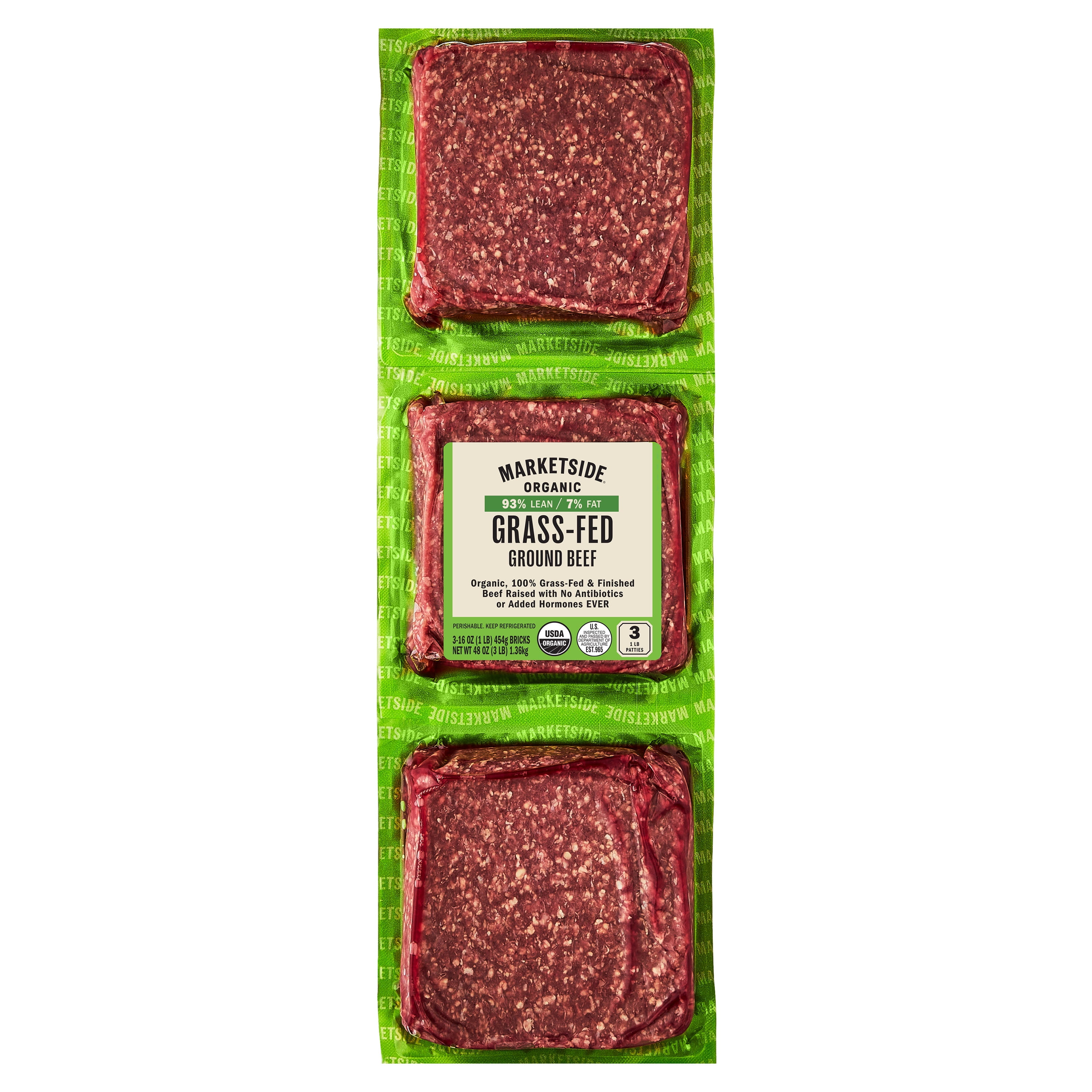 Marketside Organic Grass-Fed Ground Beef, 93% Lean/ 7% Fat, 1 lb, 3 Count