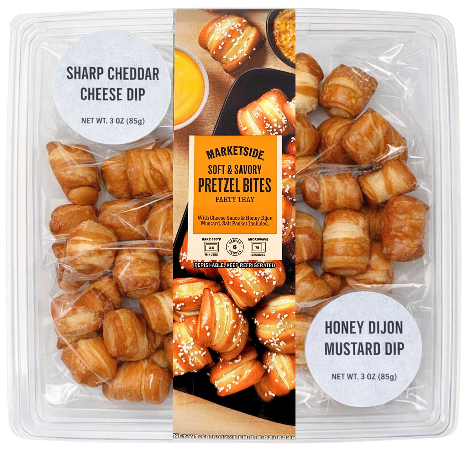 Marketside Soft and Savory Pretzel Bites Party Tray with Cheddar and Honey Mustard Dips, 18.5 oz (Refrigerated)