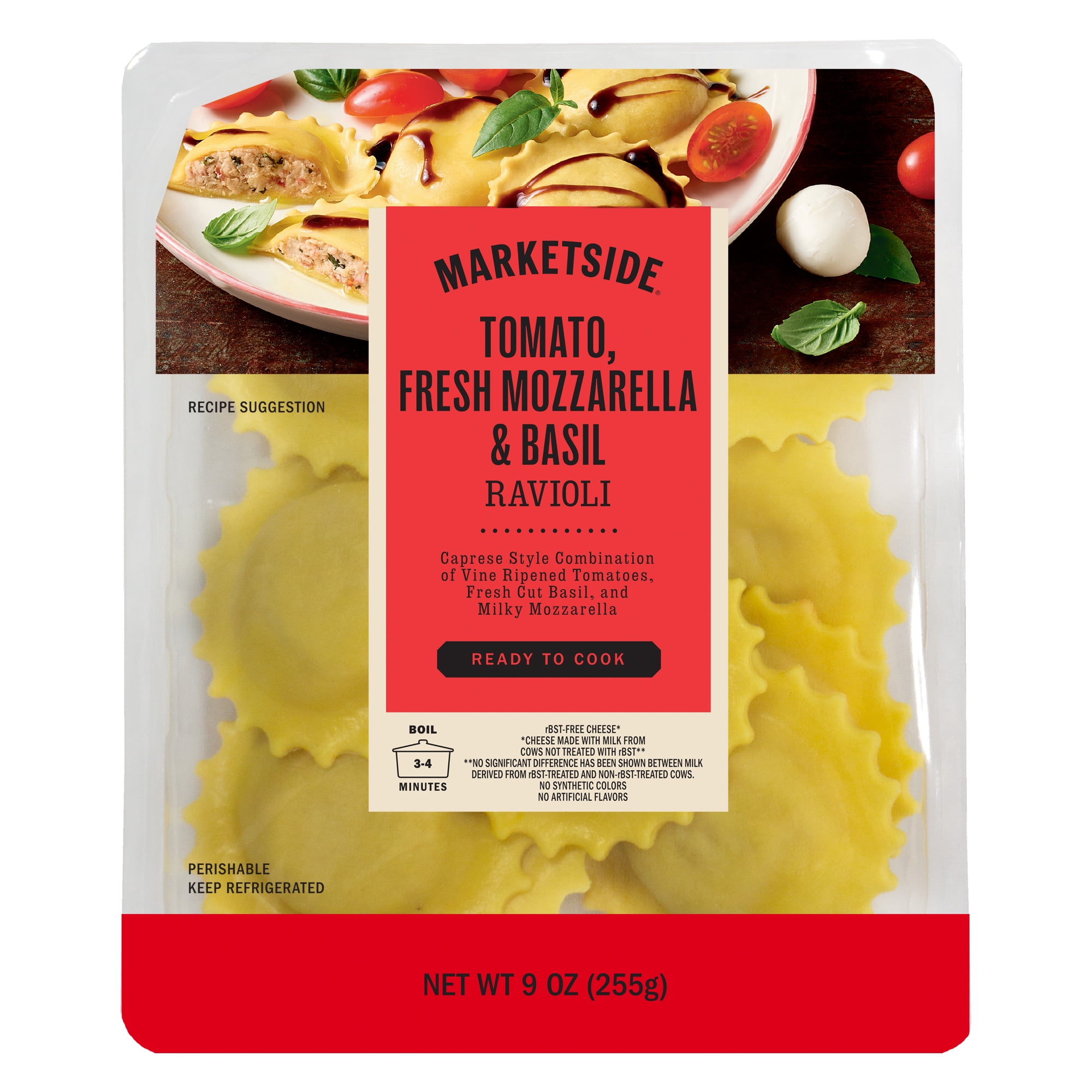 Marketside Tomato, Fresh Mozzarella, and Basil Ravioli, Fresh Artisanal Pasta, 9 oz