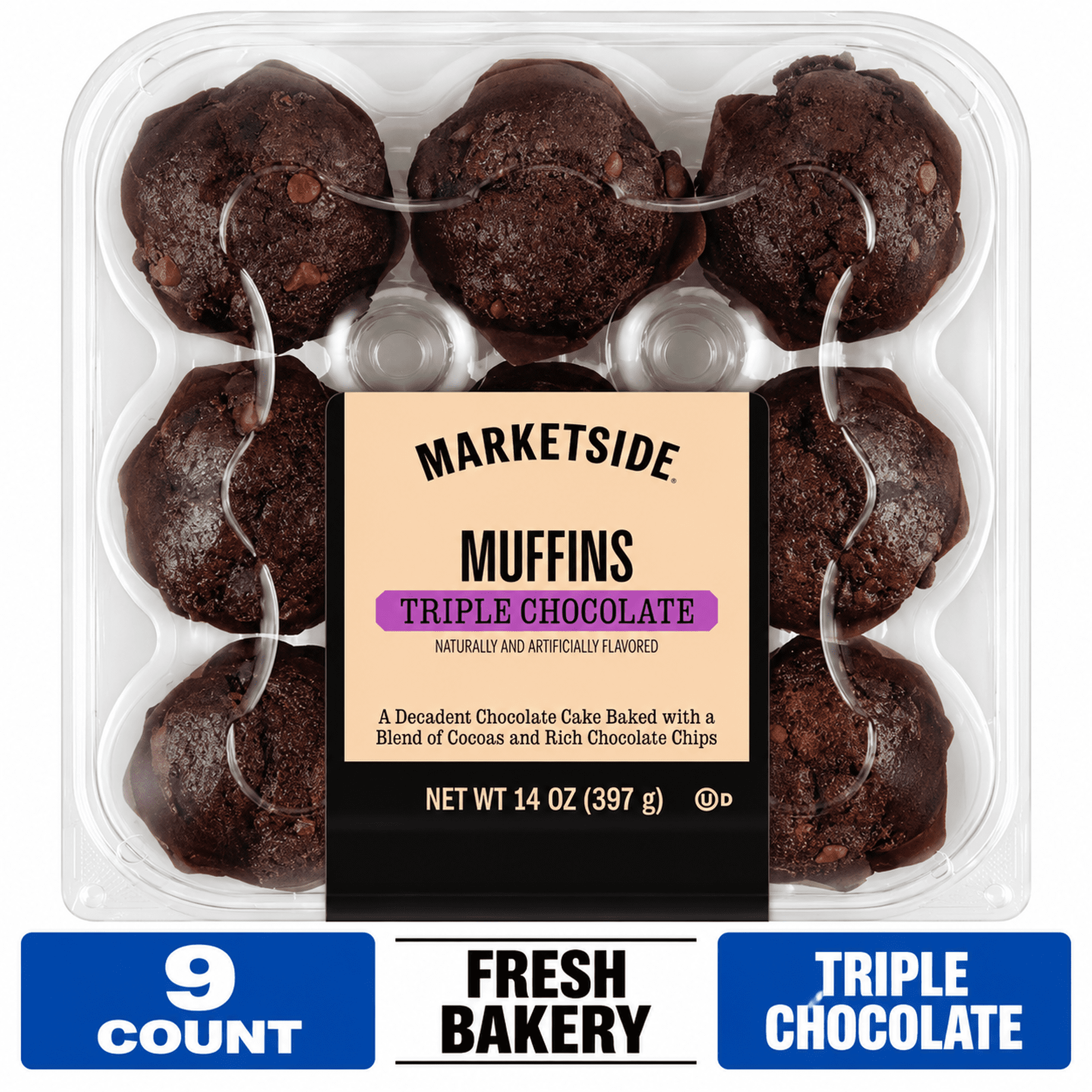 Marketside Triple Chocolate Baked Muffins, 14 oz, 9 Count (Bakery Fresh, Sweet Dessert)