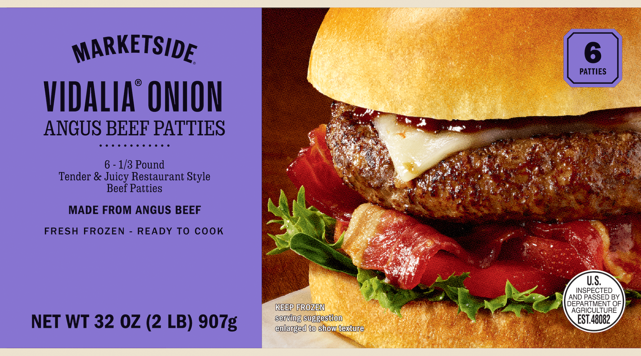 Marketside Vidalia Onion Angus Beef 1/3 lb Patties, 2 lbs, 6 Count, Frozen