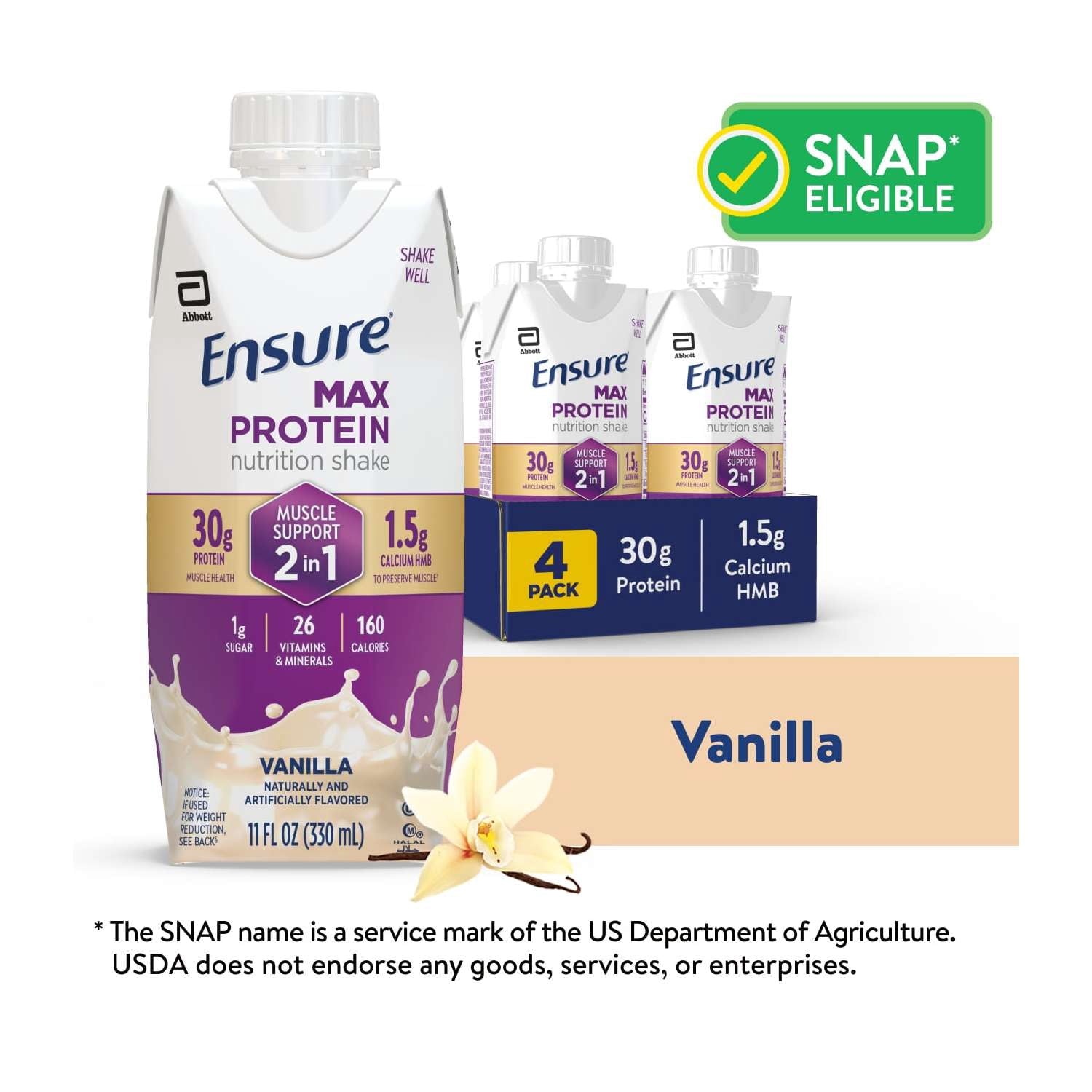 Ensure Max Protein Shake, 2-in-1 Muscle Support, 30g Protein, Vanilla, 11 fl oz, 4 Pack
