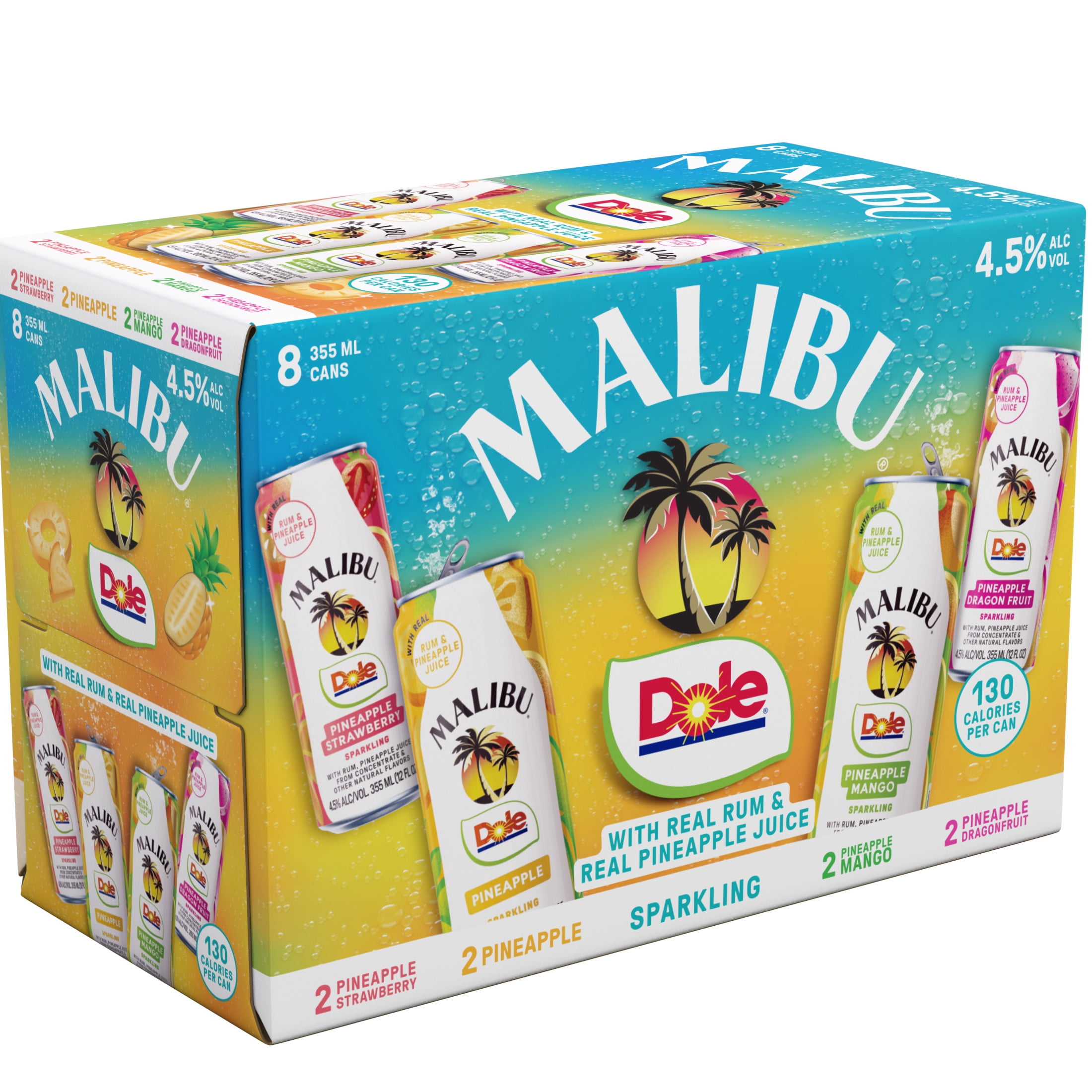 Malibu Dole Ready to Drink Variety 8 Pack, 12 oz Cans, 4.5% ABV. Pineapple, Strawberry, Mango & Dragon Fruit