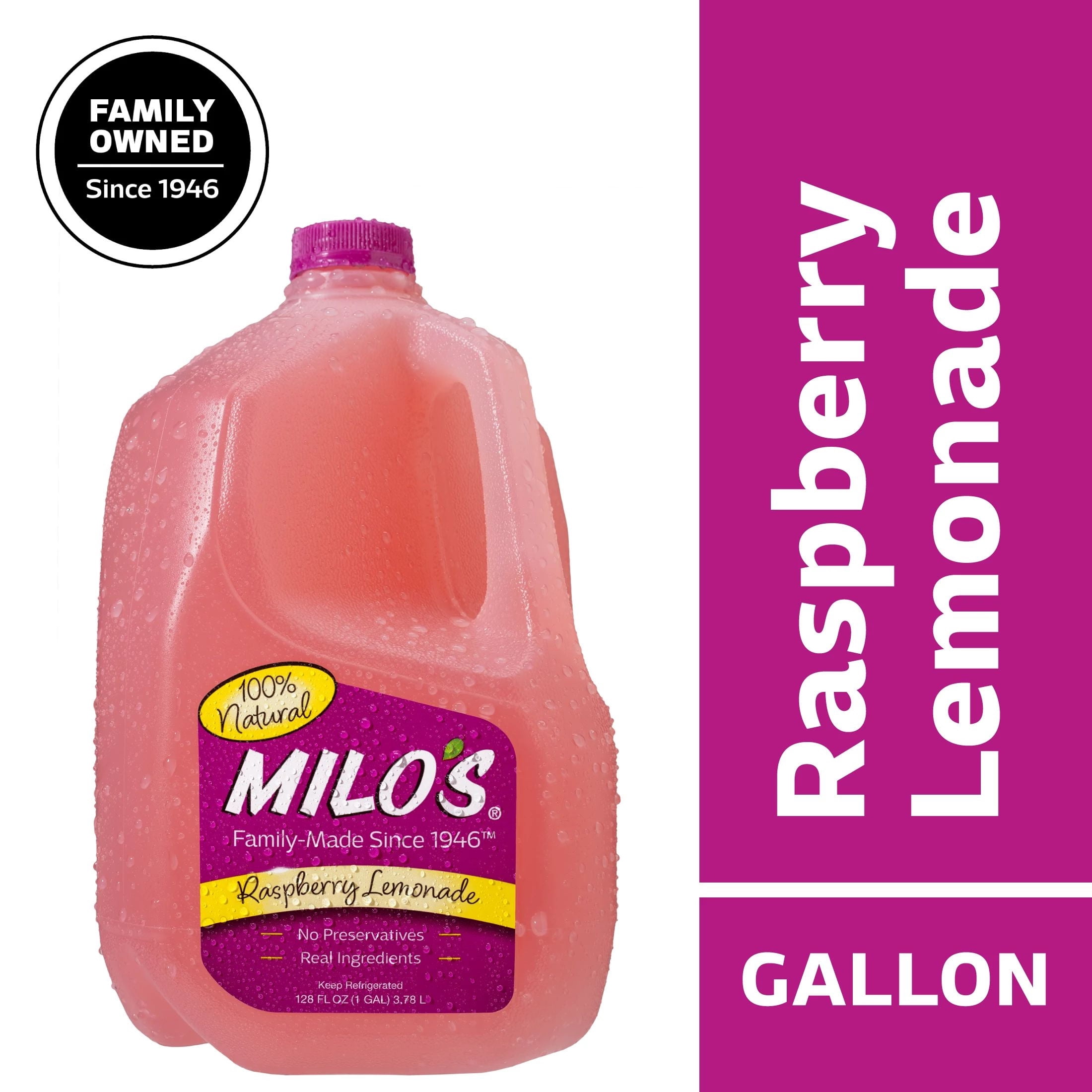 Milo's Raspberry Lemonade, Refrigerated Juice Drink, 128 fl oz Gallon, 100% Natural, No Preservatives, Made Fresh Daily