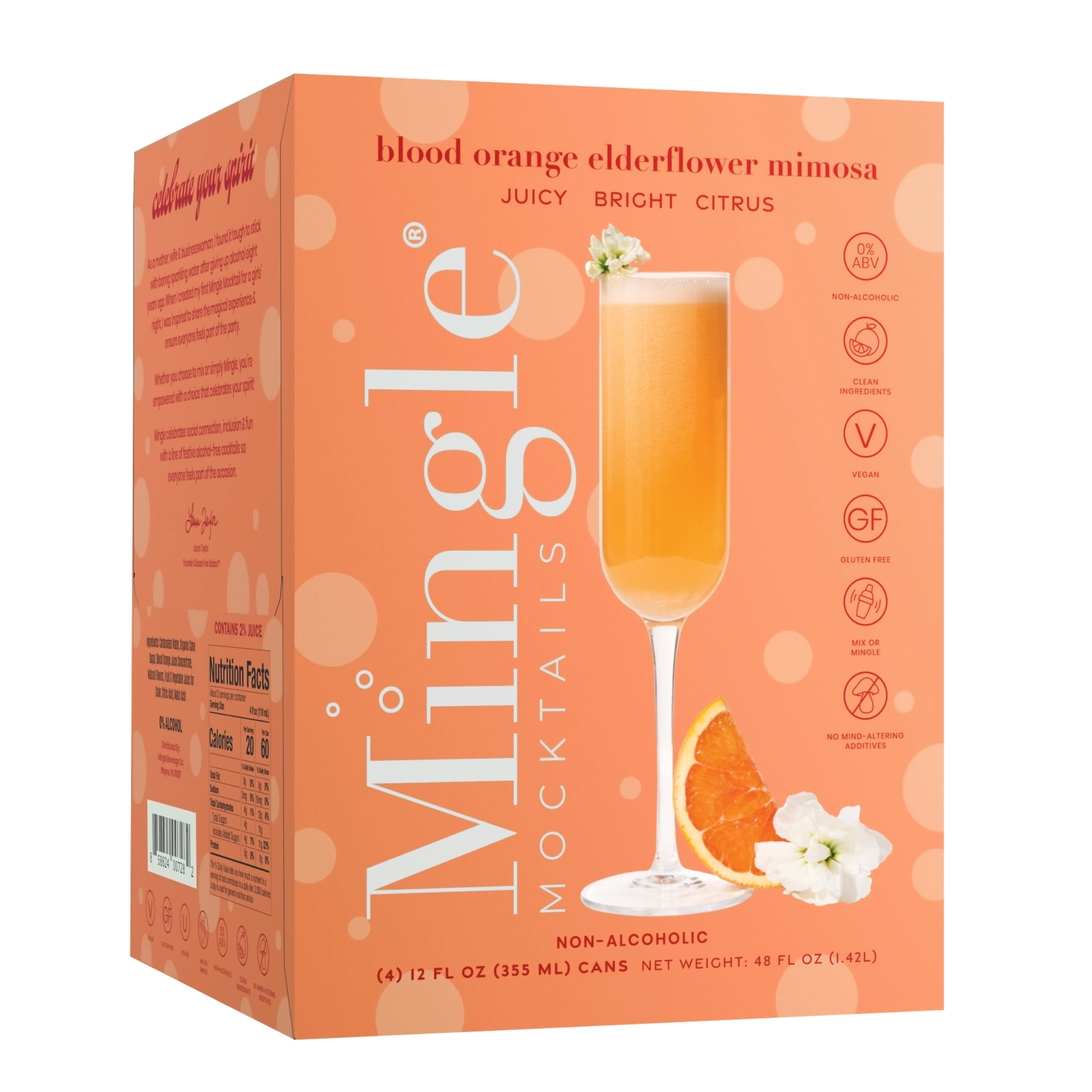 Mingle Mocktails Non-Alcoholic Blood Orange Elderflower Mimosa, 4 Pack, 12 fl oz Aluminum Cans, 0.00% ABV