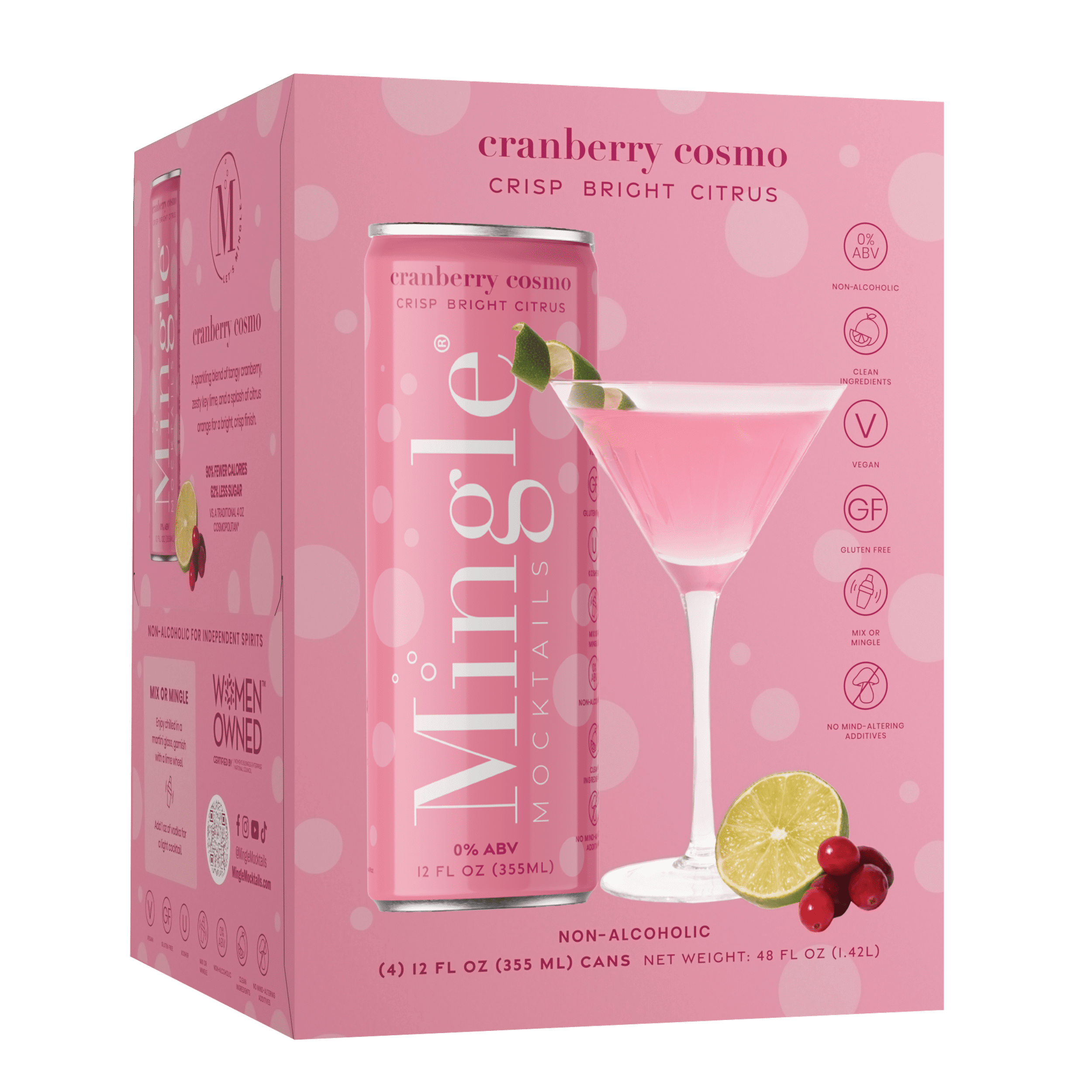 Mingle Mocktails, Non-Alcoholic Cranberry Cosmo, 4 Pack, 12 fl oz Sleek Aluminum Cans, 0.00% ABV