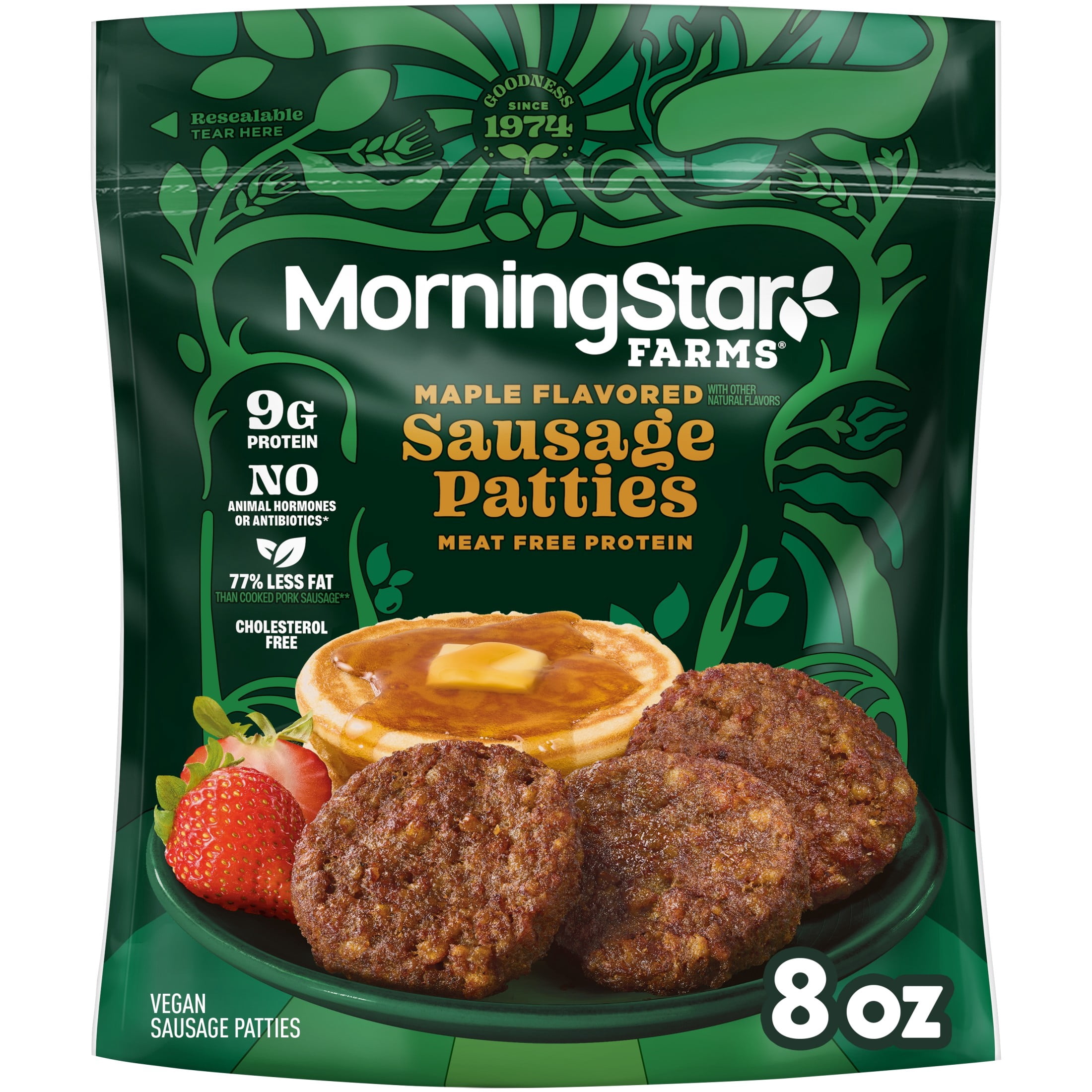 MorningStar Farms Veggie Breakfast Maple Flavored Plant Based Sausage Patties, Vegan Sausage, 8 oz, 6 Count Bag
