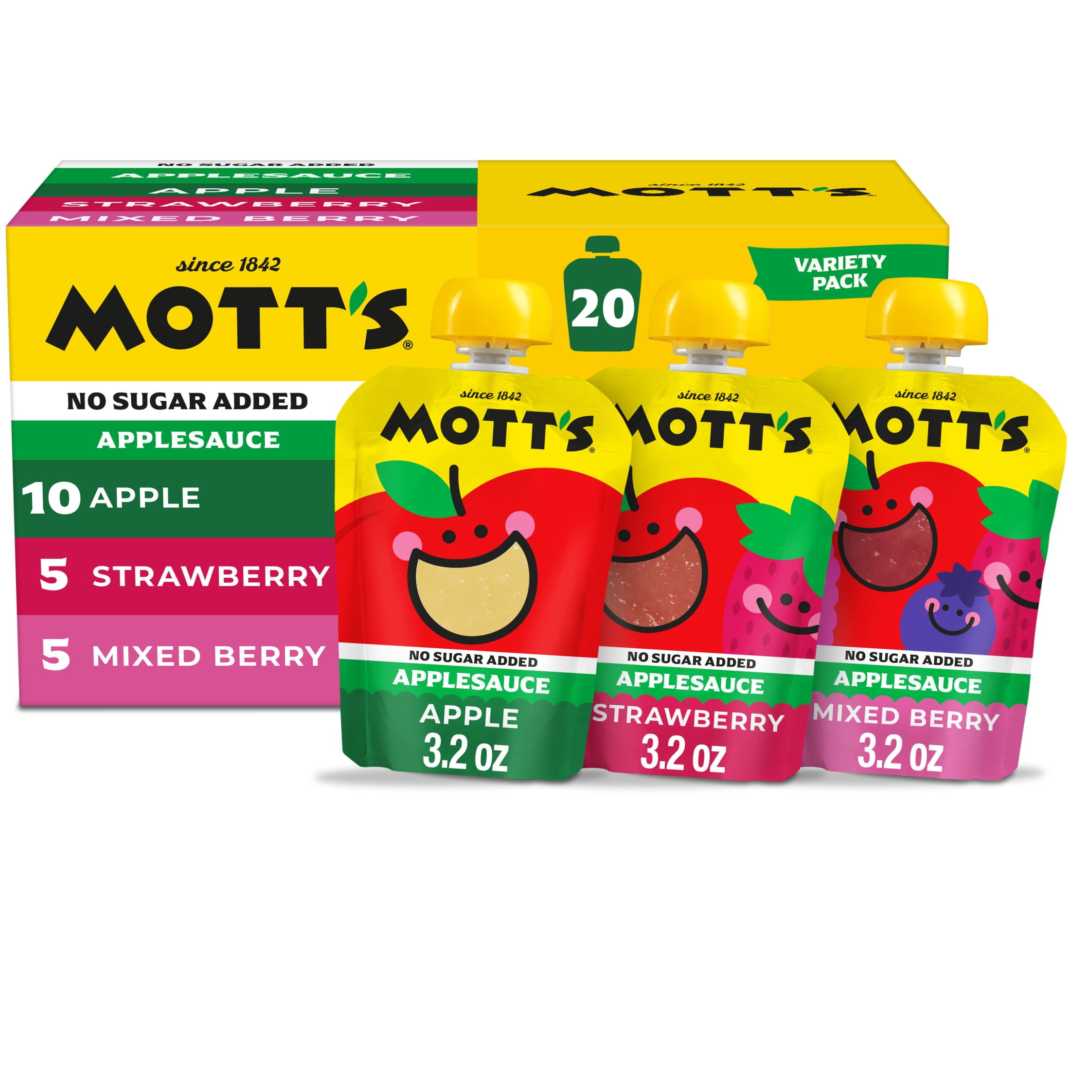 Mott's No Sugar Added Applesauce Variety Pack, 3.2 oz, 20 Count Clear Pouches