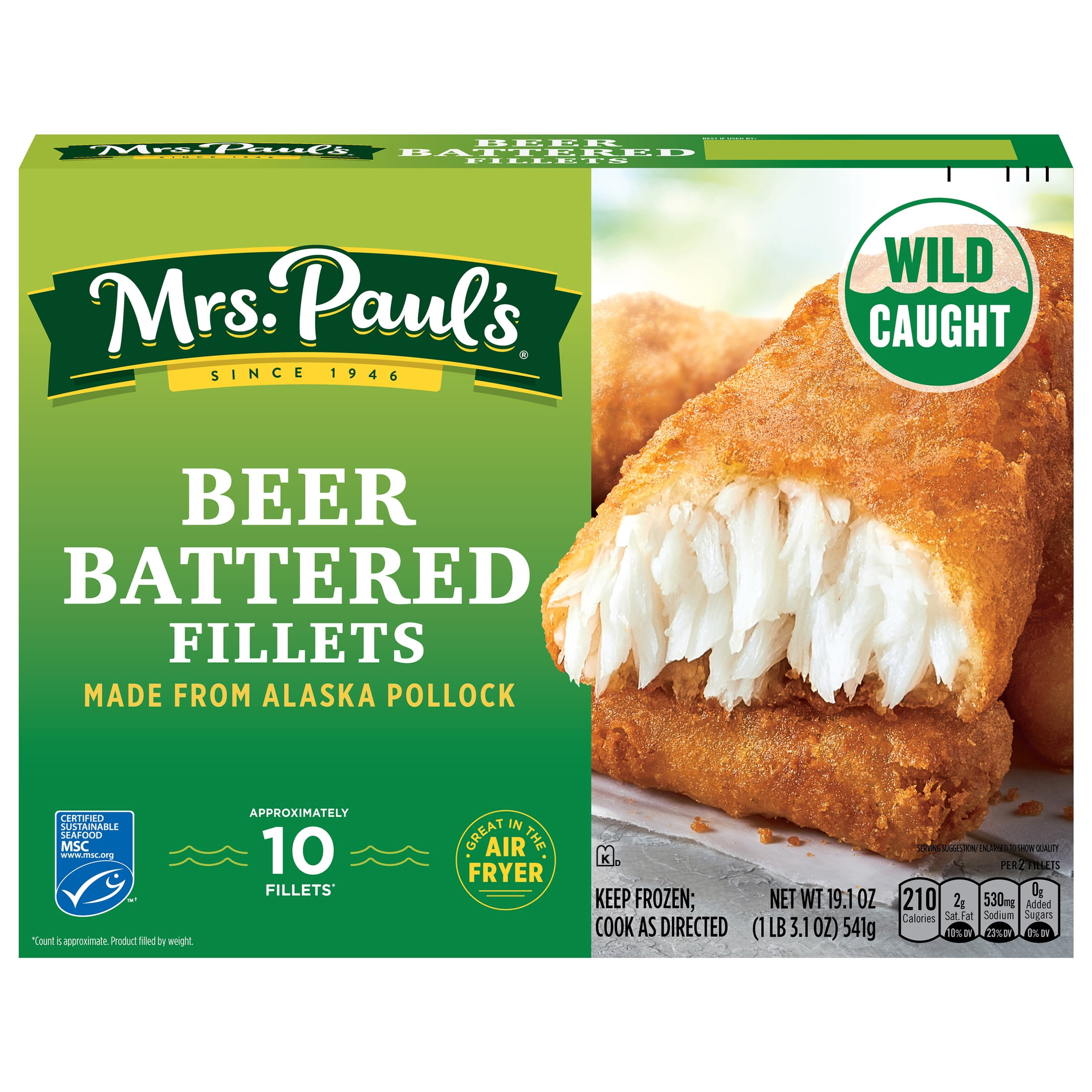 Mrs. Paul's Crispy Beer Battered 100% Wild-Caught Fish Fillets, 19.45 oz. 10-Count Box (Frozen)