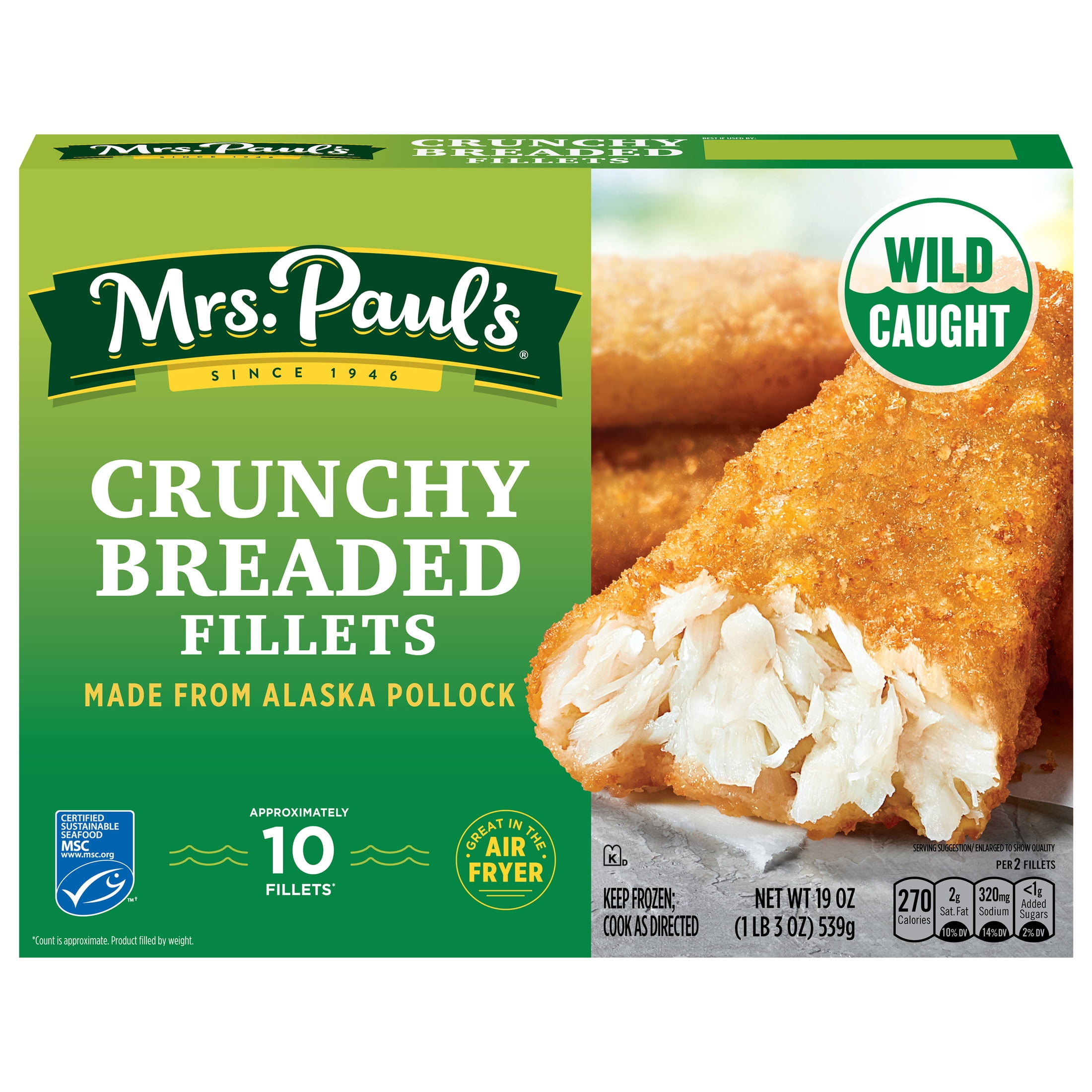 Mrs. Paul's Crunchy Breaded 100% Wild-Caught Fish Fillets, 19 oz. 10-Count Box (Frozen)