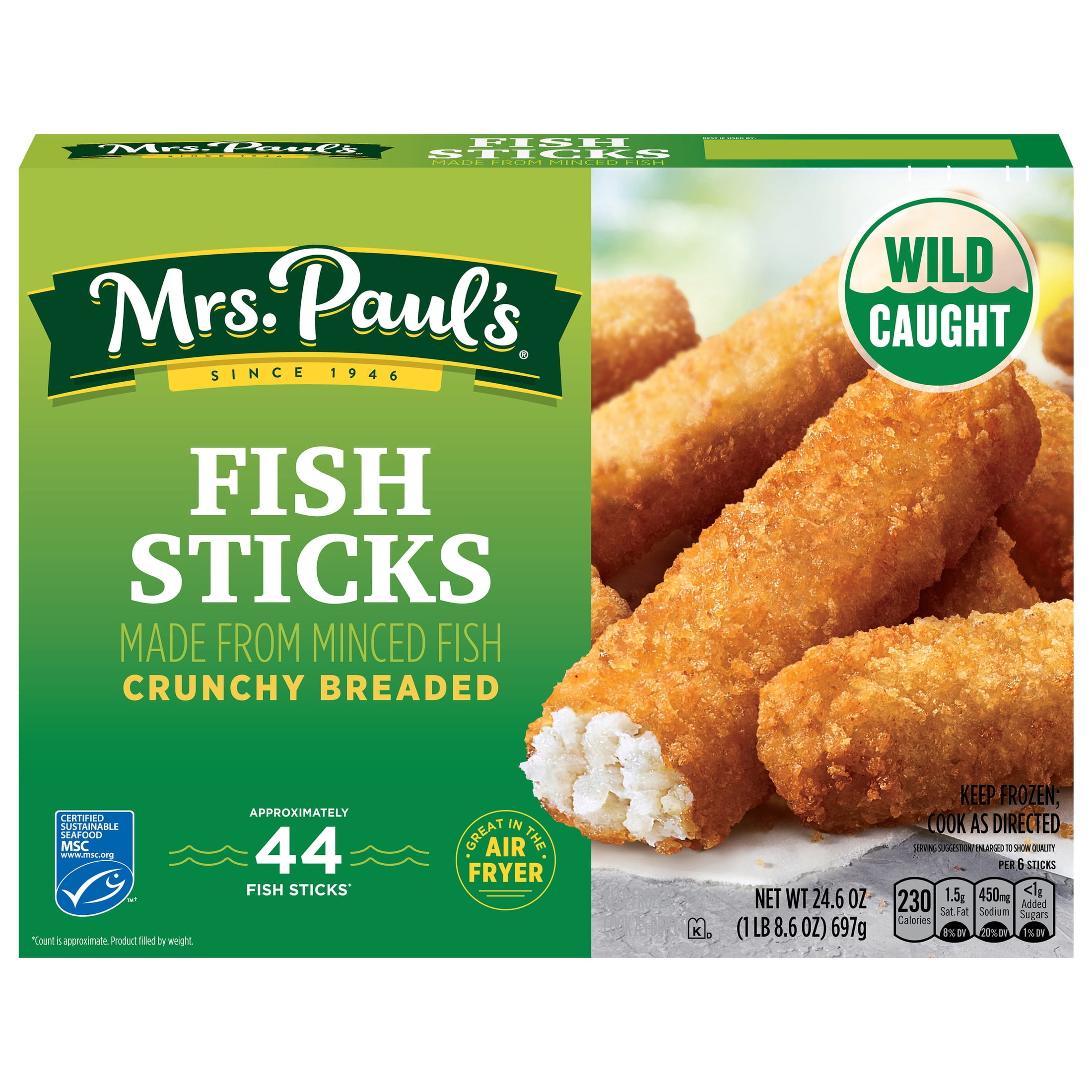 Mrs. Paul's Crunchy Breaded Fish Sticks, Made With Fish, 24.6 oz. 44-Count Box (Frozen)