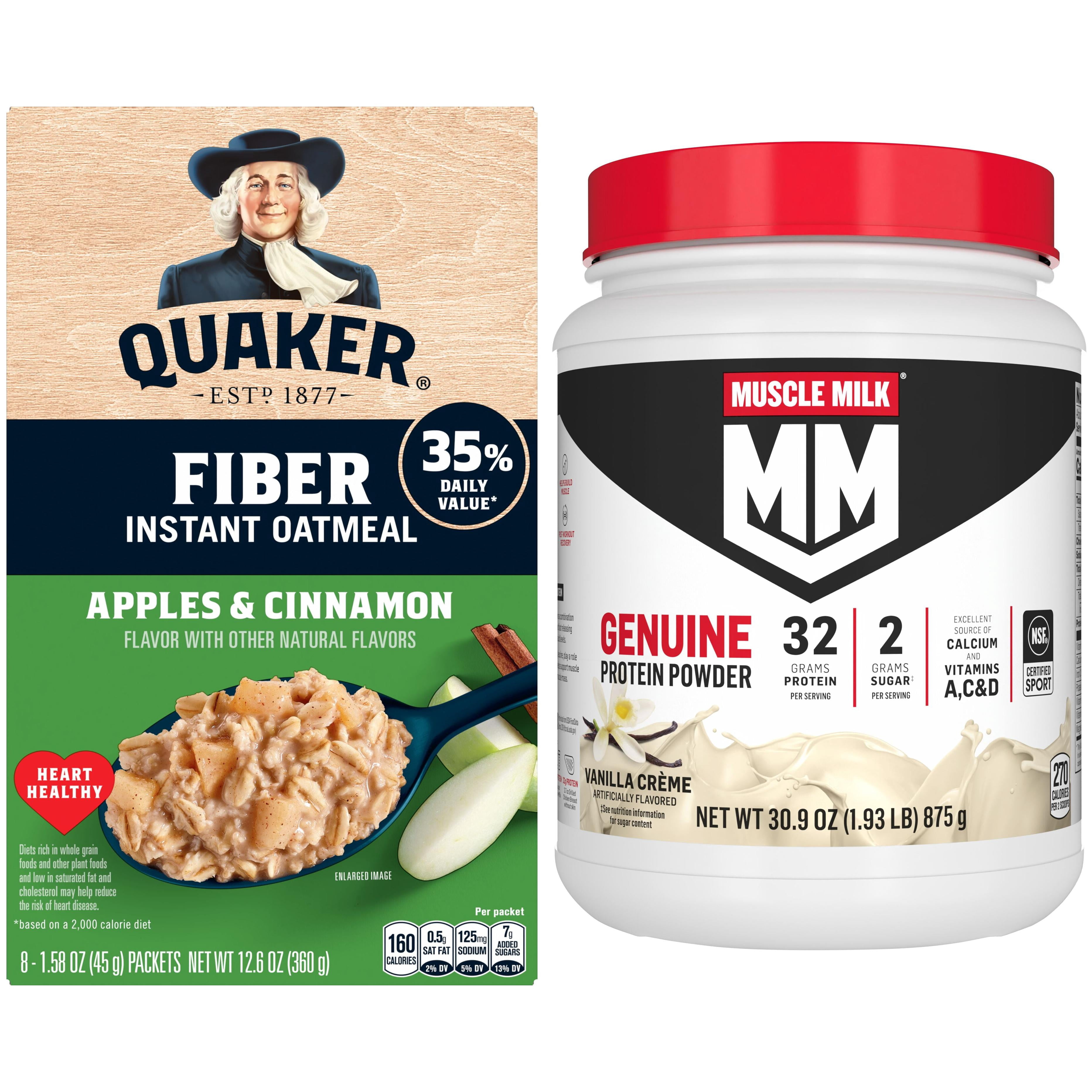 Muscle Milk Genuine Protein Powder, Vanilla Crme , 32g Protein, 1.9lb, 30.9oz + Quaker Fiber Apples & Cinnamon Instant Oatmeal, 1.58 oz 8 Count