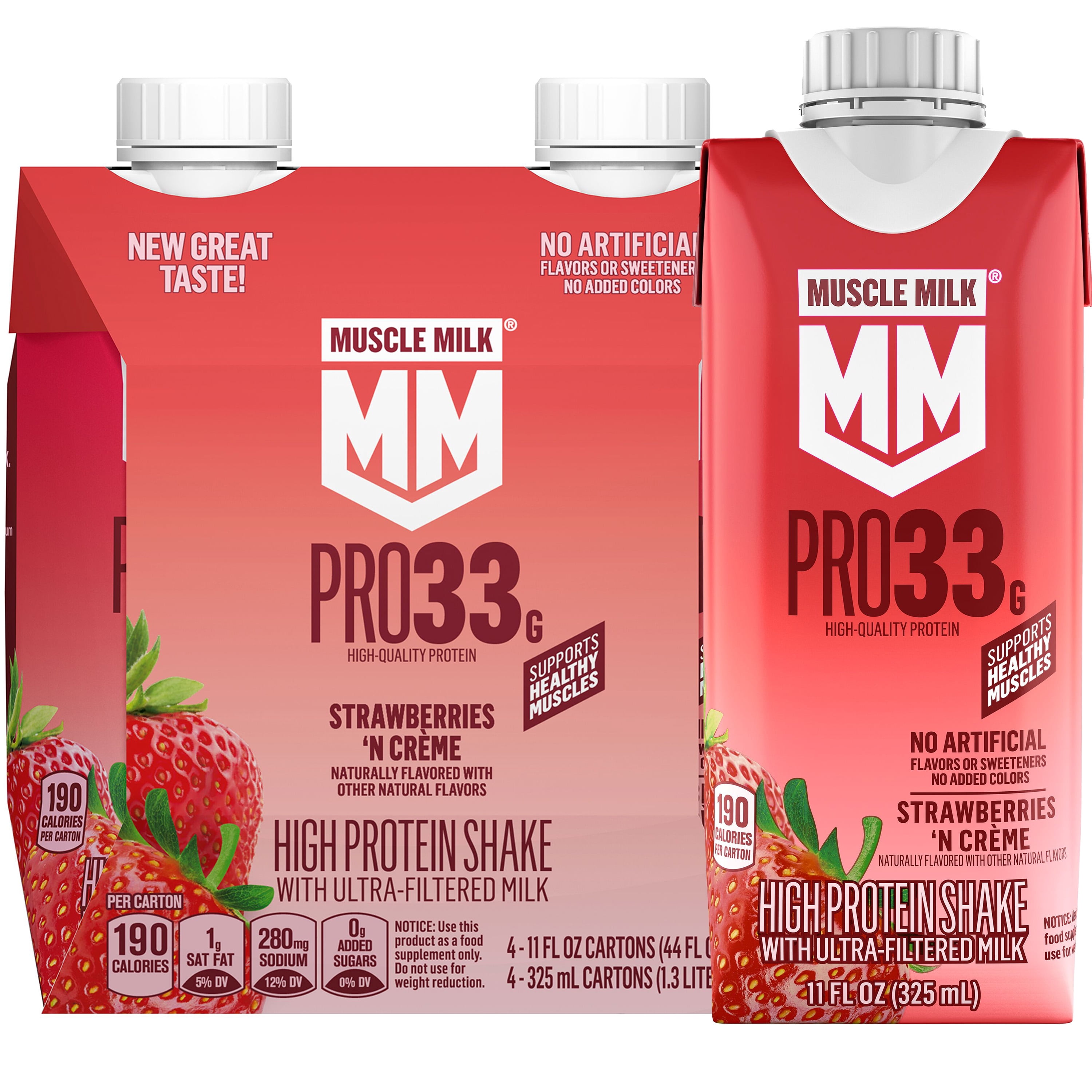 Muscle Milk Pro 33g High Protein Shake Ultra Filtered Milk, Strawberries N Creme, 11 fl oz, 4 pack