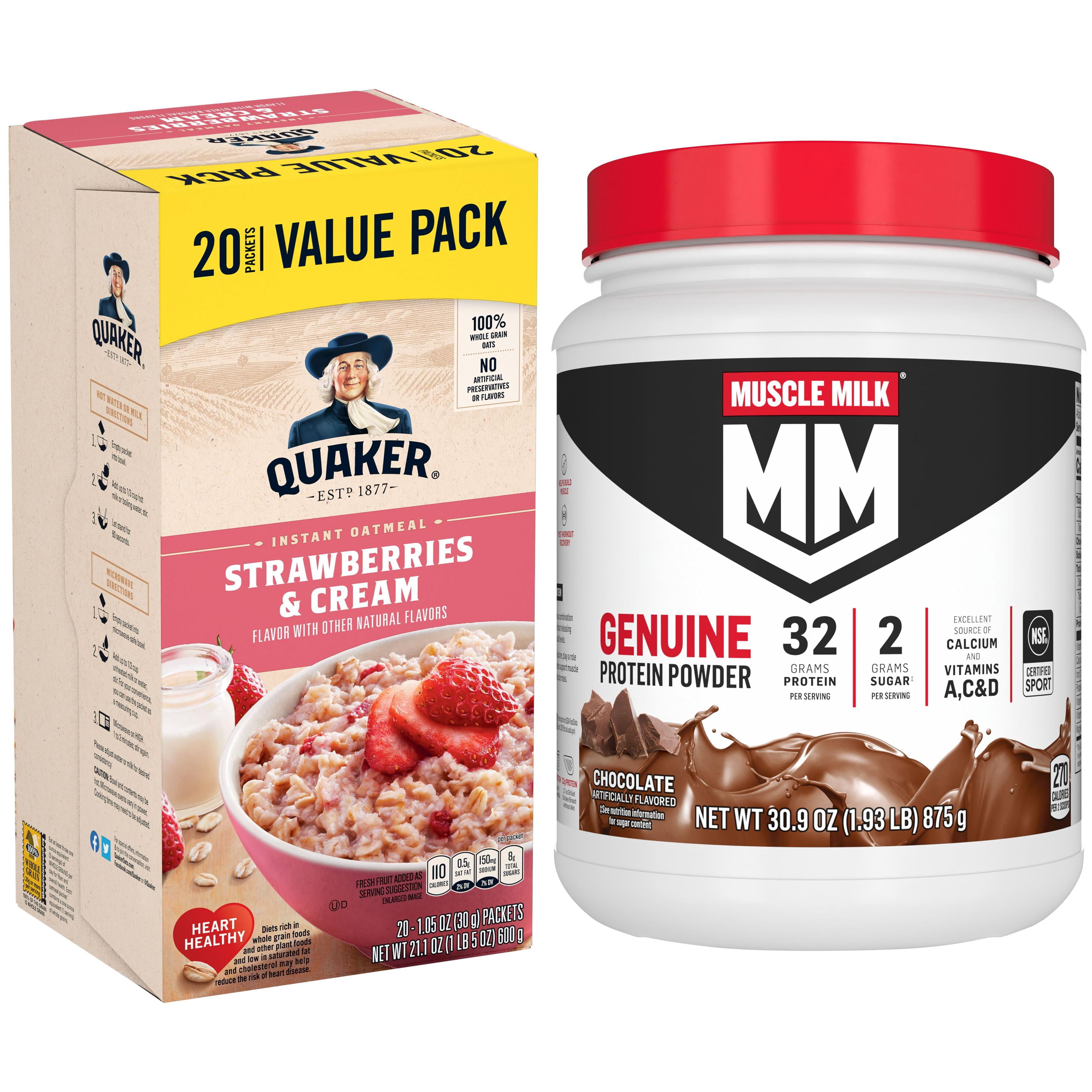Muscle Milk Genuine Protein Powder, Chocolate, 1.93 Pound, 12 Servings + Quaker,Instant Oatmeal, Strawberry & Cream, 1.1 oz, 20 Packets