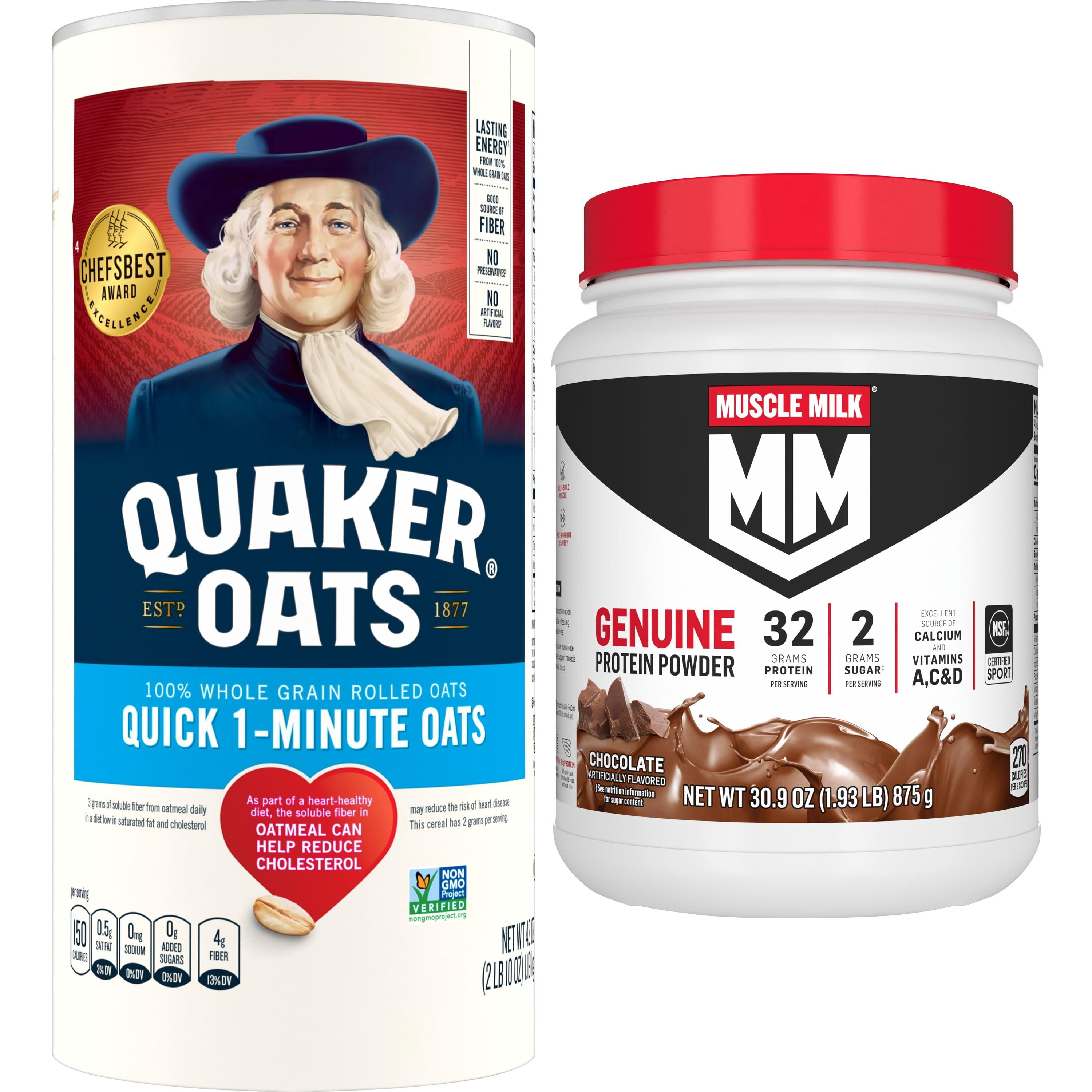 Muscle Milk Genuine Protein Powder, Chocolate, 1.93 Pound, 12 Servings + Quaker, Quick 1 Minute Oats, Oatmeal, Quick Cook Oatmeal, 42 oz Canister Dry Oats