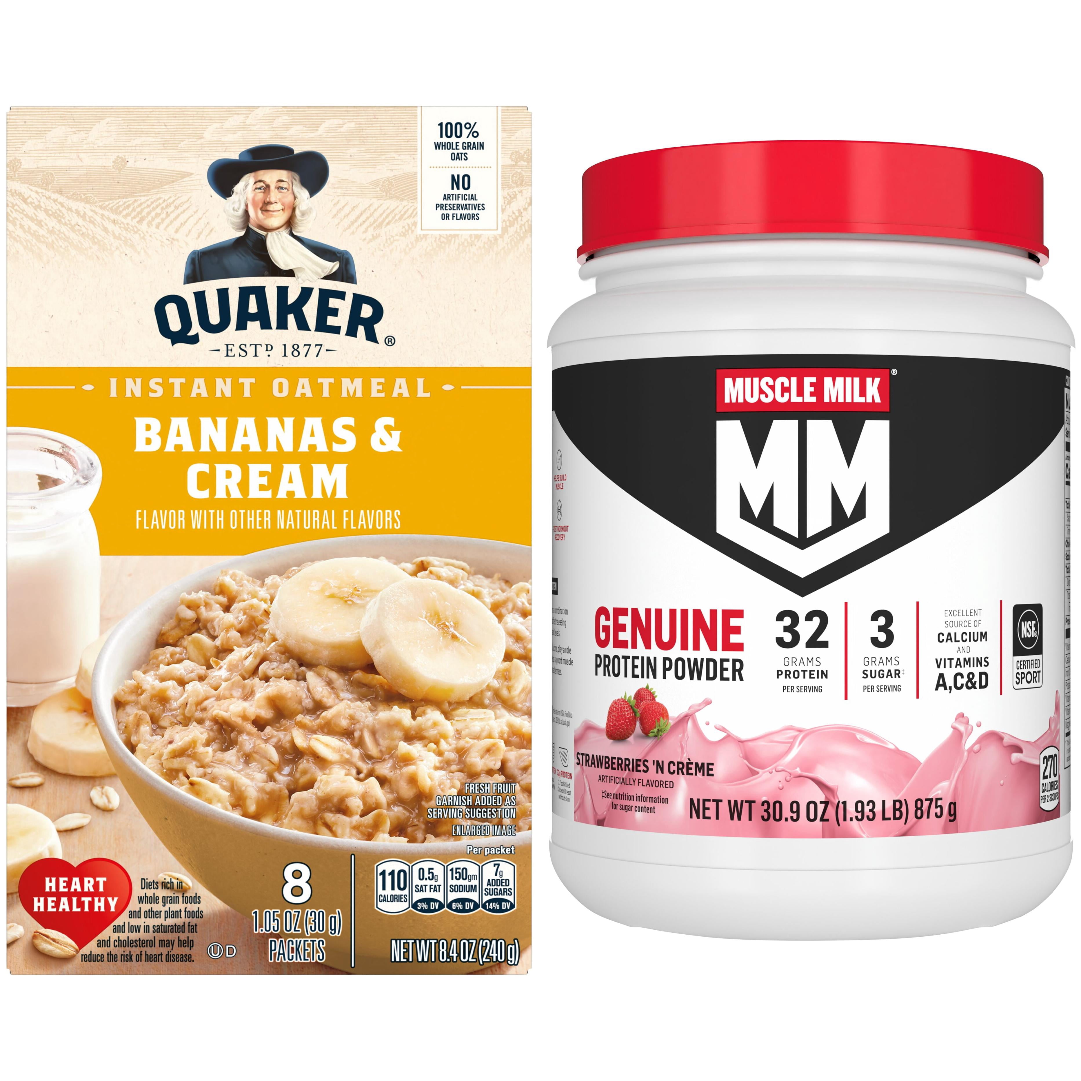 Muscle Milk Genuine Protein Powder, Strawberries 'N Crme, 32g Protein, 1.93lb, 30.9oz + Quaker Instant Oatmeal Bananas & Cream 1.05 Oz 8 Count