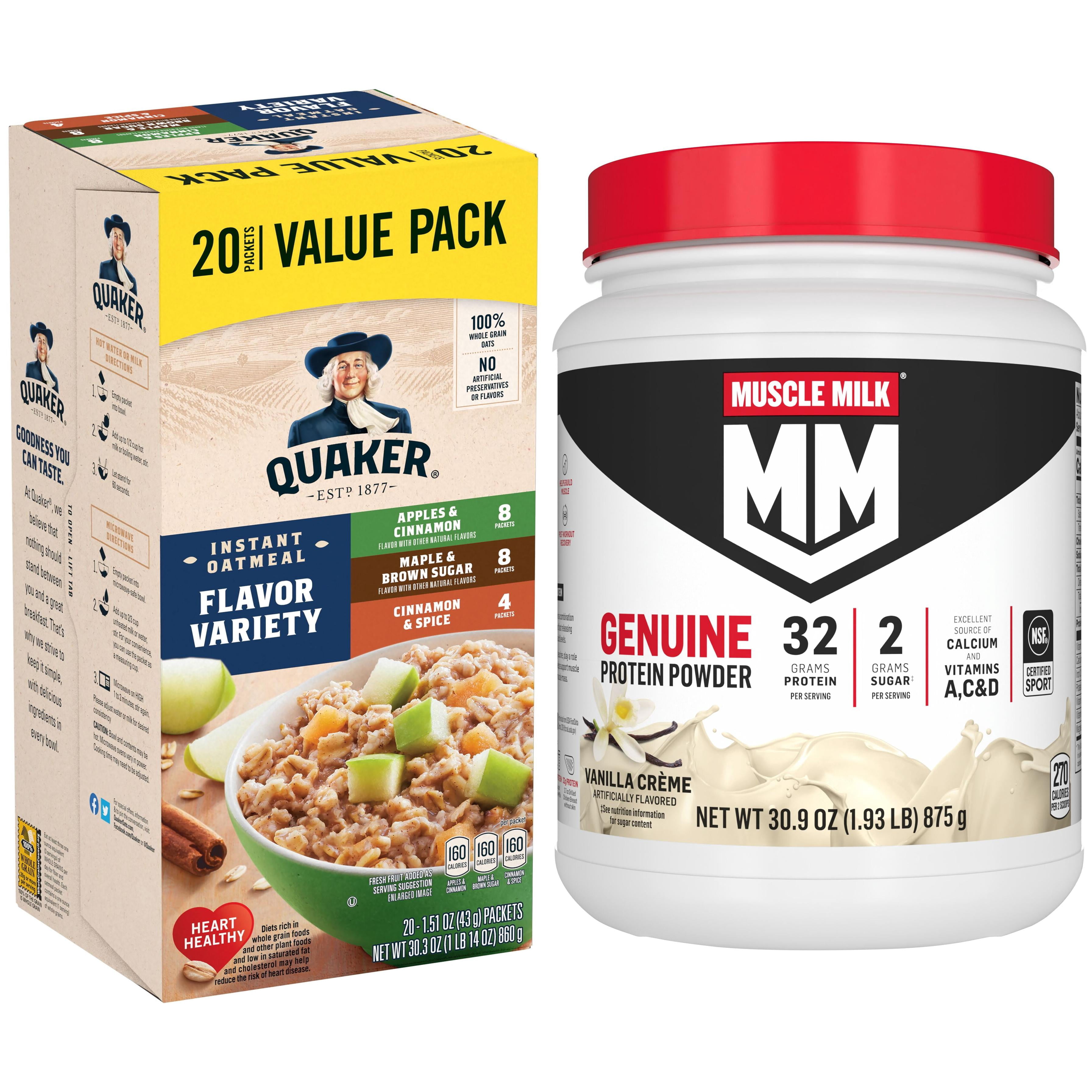 Muscle Milk Genuine Protein Powder, Vanilla Crme , 32g Protein, 1.9lb, 30.9oz + Quaker Instant Oatmeal, Flavor Variety Value Pack, 20 Packets