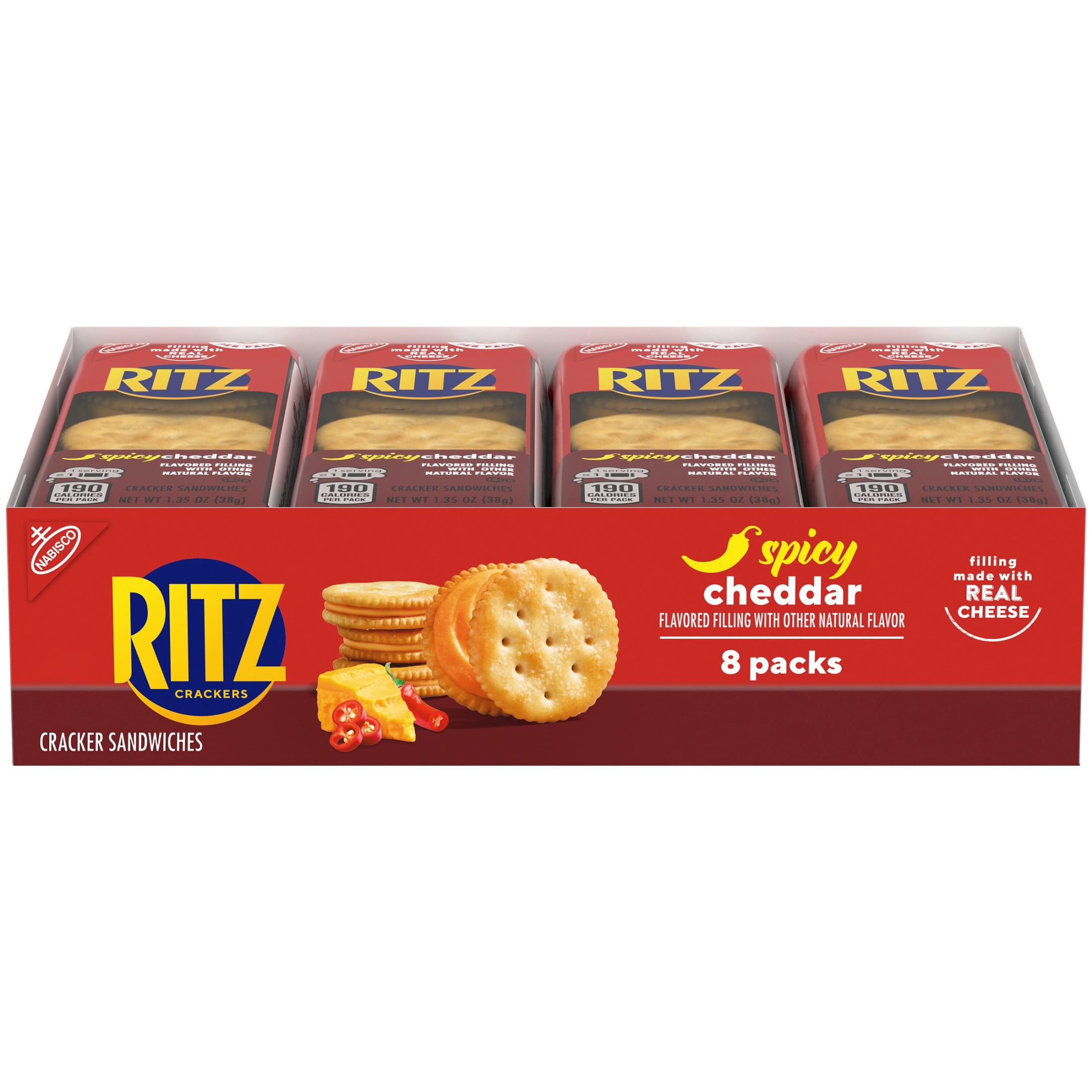 RITZ Spicy Cheddar Cheese Sandwich Crackers, Lunch Snacks, 8 Snack Packs (6 Crackers Per Pack)