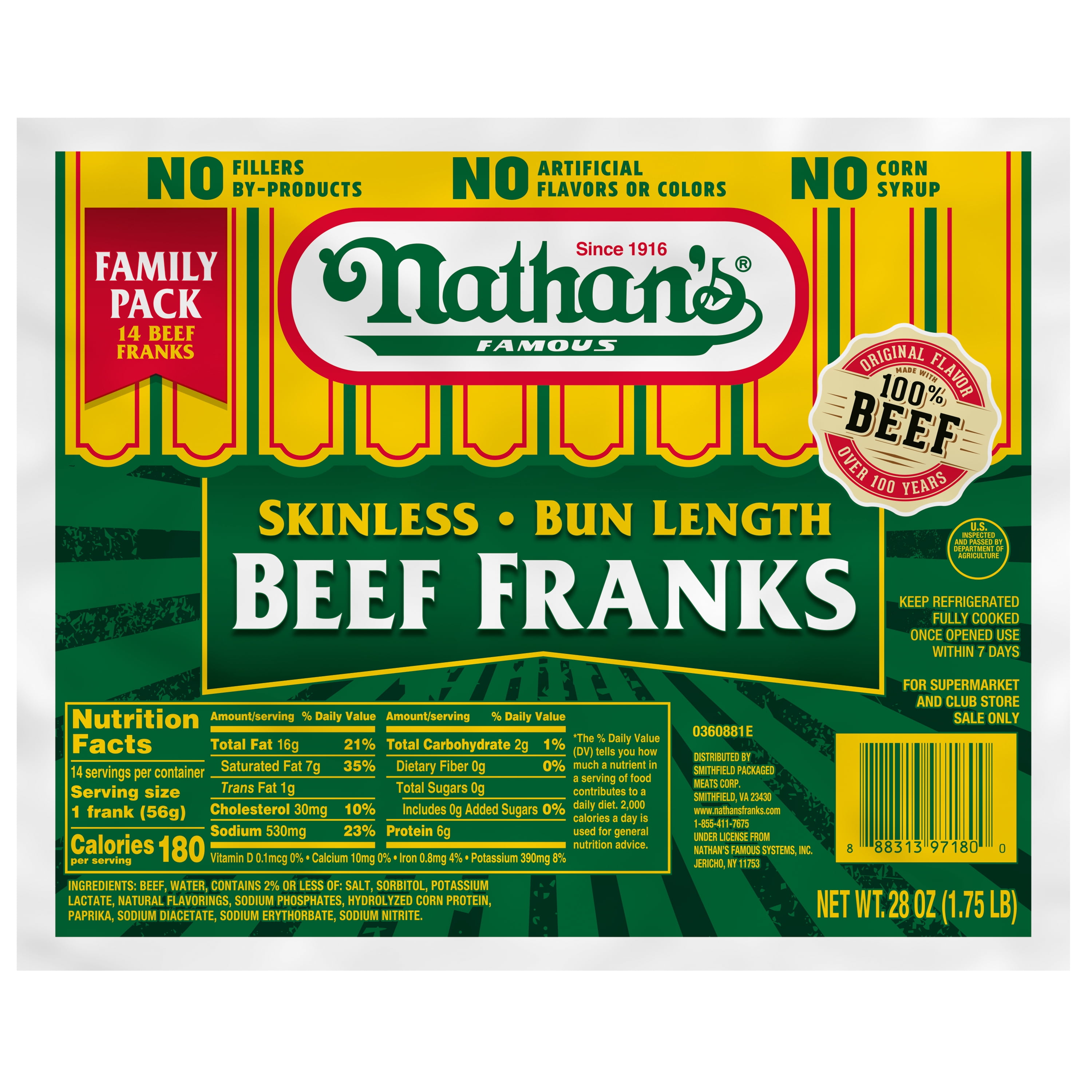 Nathan's Famous, Skinless Beef Franks, Bun Length, 28 oz