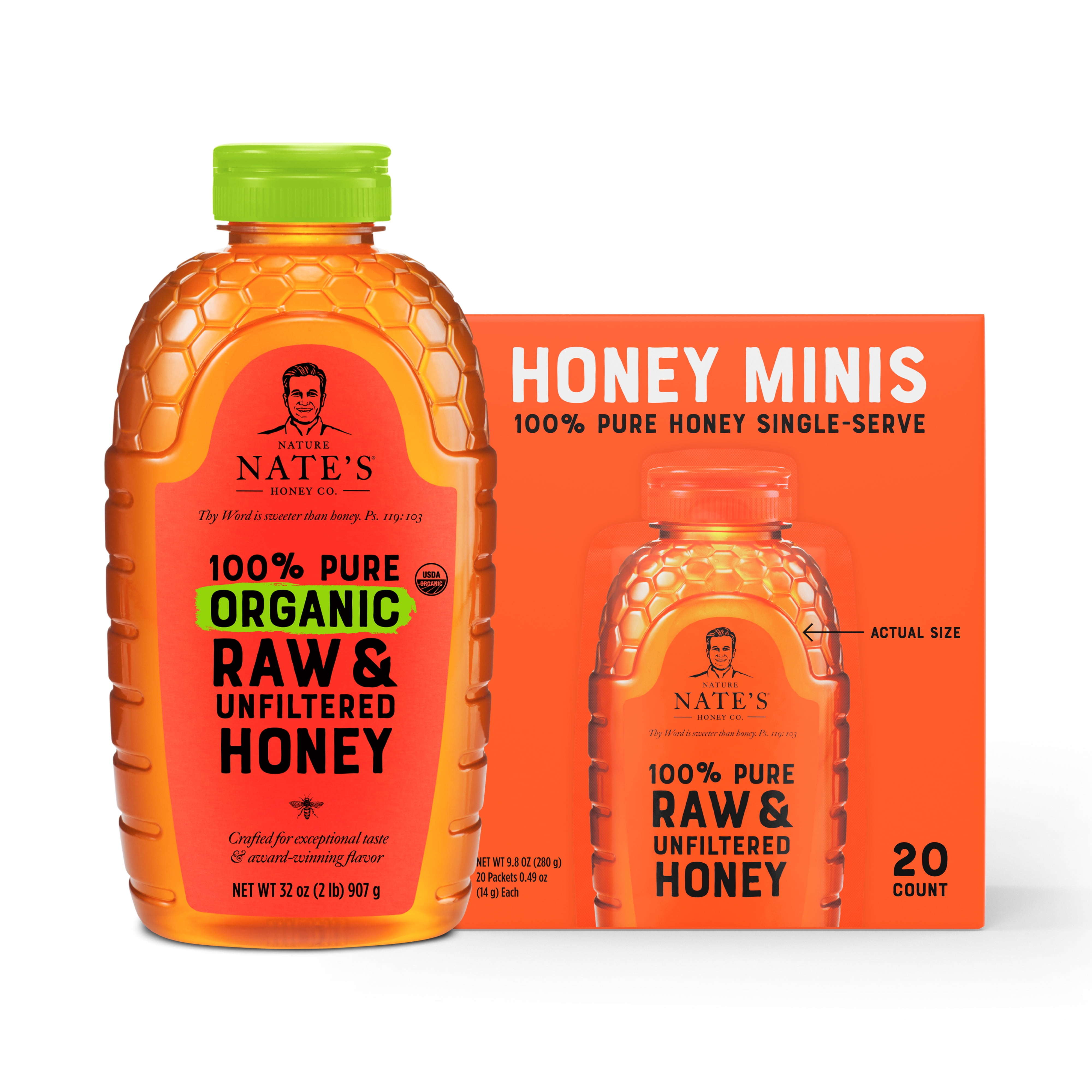 Nature Nate's Honey Minis: 100% Pure Raw and Unfiltered Honey - 20 Single Serve Packets, Gluten-Free with Nature Nates Organic Raw Honey, 32 Oz