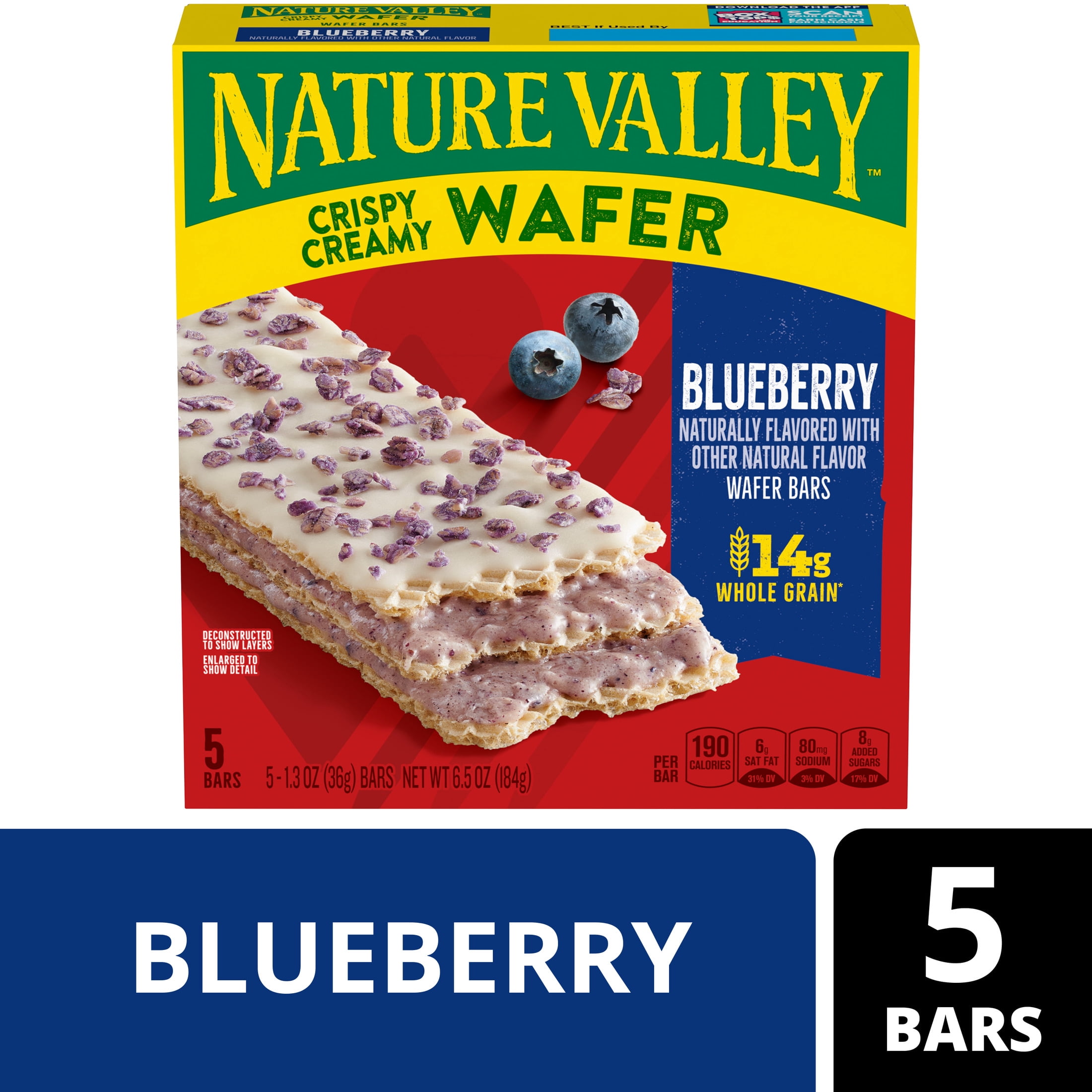 Nature Valley Crispy Creamy Wafer Bars, Blueberry, Whole Grain, 5 Bars, 6.5 oz