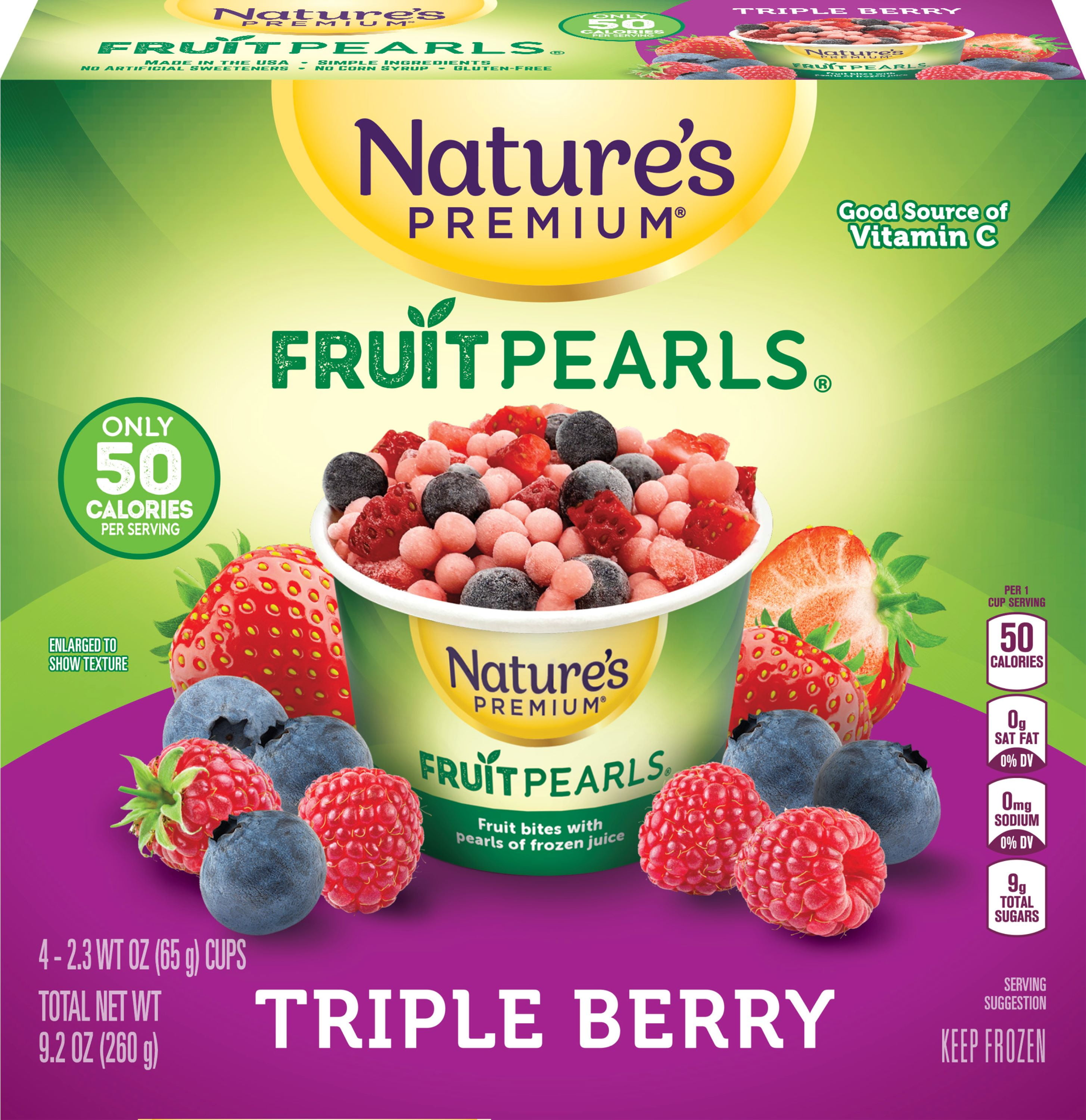 Nature's Premium Fruit Pearls, Frozen Fruit Snack, Triple Berry, 2.3 oz Cups, 4 Count Box
