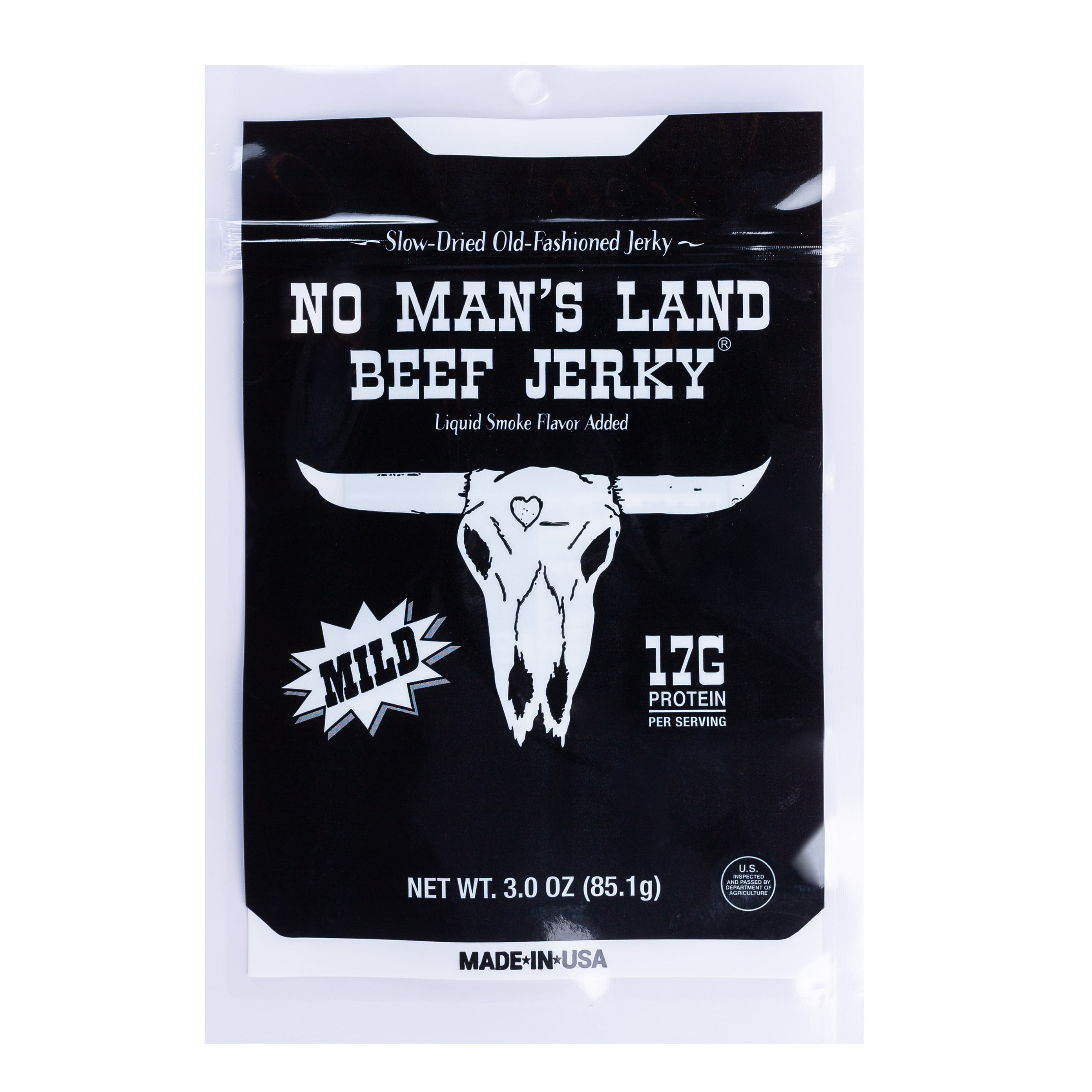 No Mans Land Mild Beef Jerky, 3 oz Bag 17g Protein per Serving, High Protein Snack