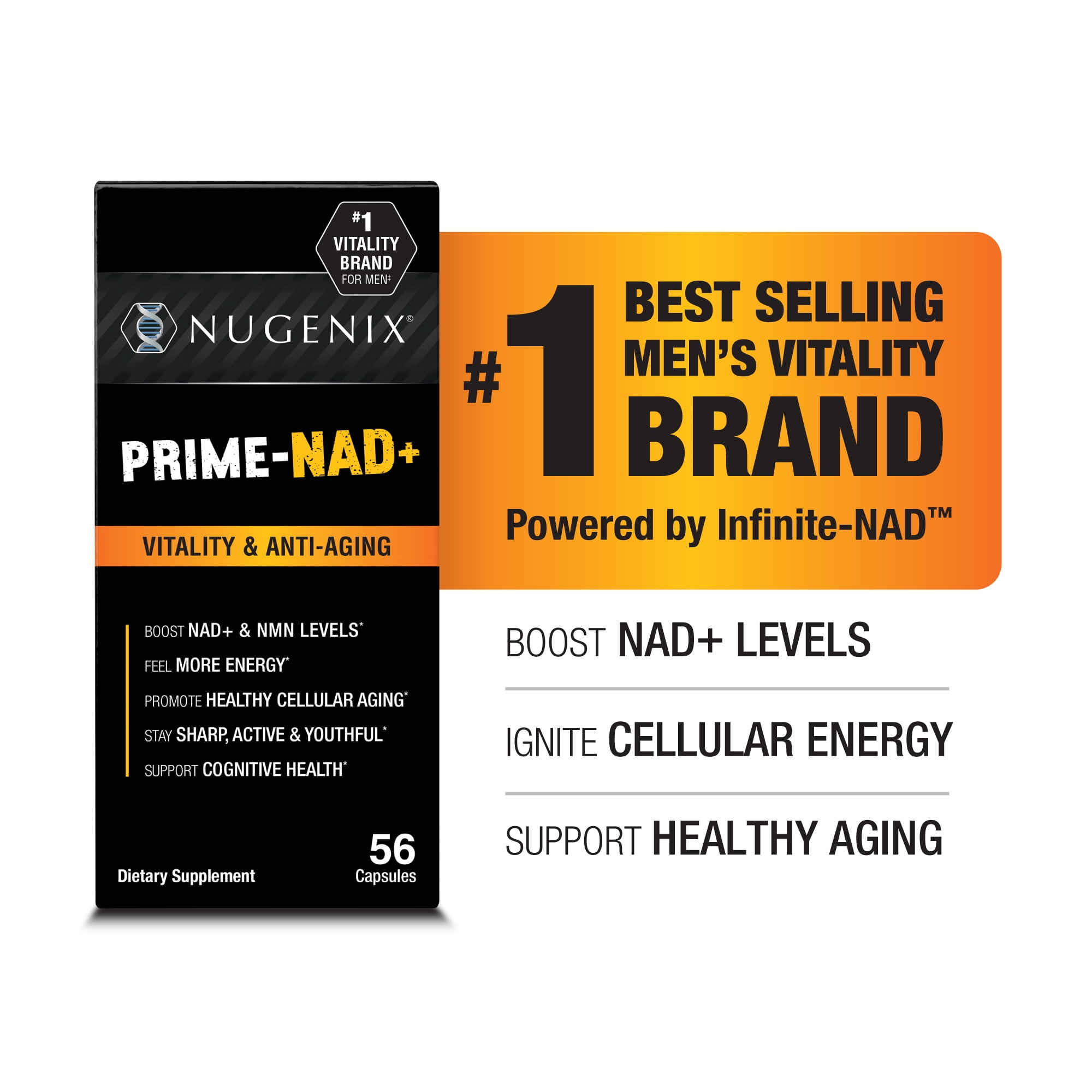 Nugenix Prime-NAD+, with Resveratrol, Glutathione, & CoQ10, Boost NAD+ & NMN Levels for Anti-Aging, Cell Health & Energy, 56 Capsules